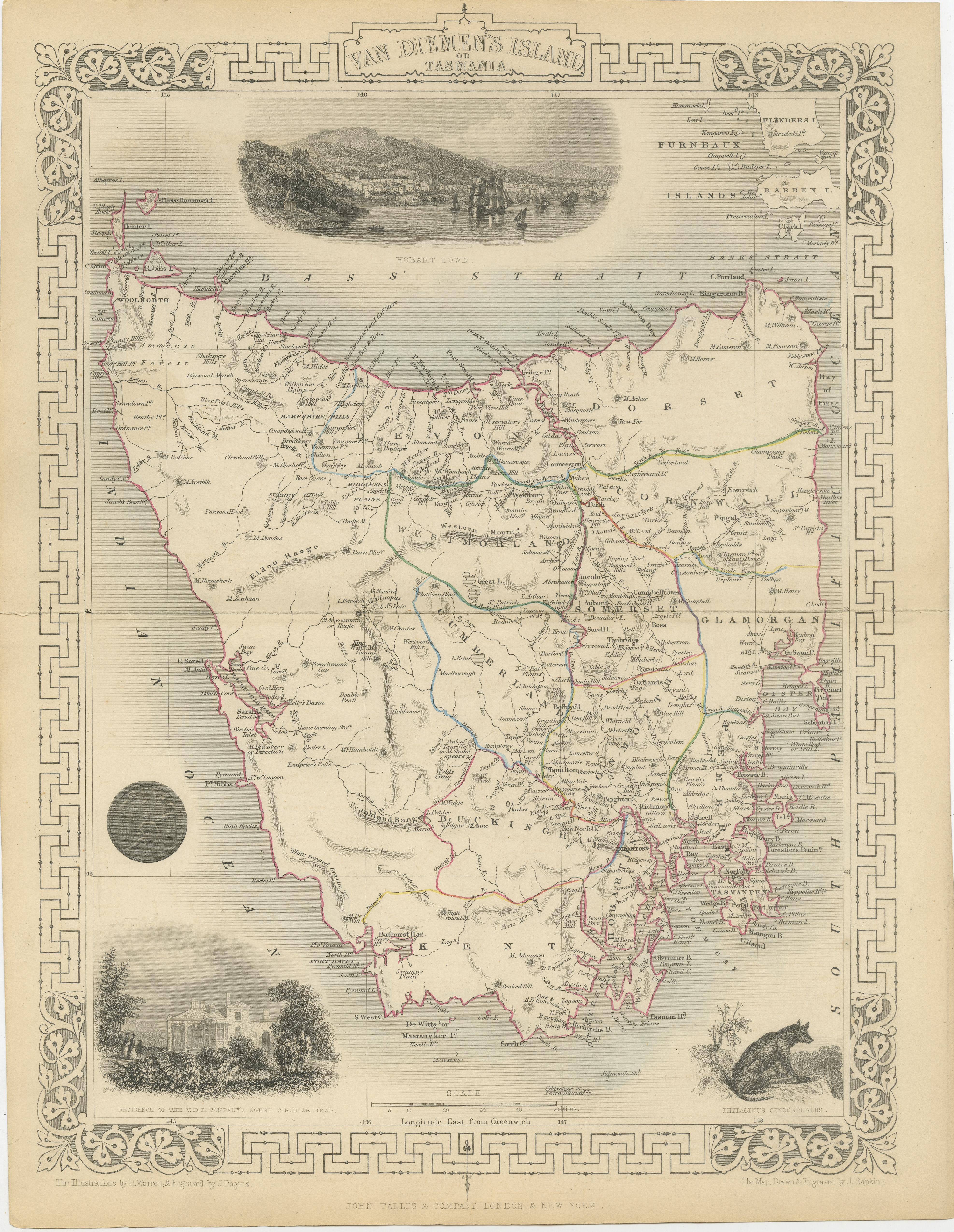 Paper Map of Tasmania with Illustrations of Local Fauna and Colonial Landmarks, 1851 For Sale