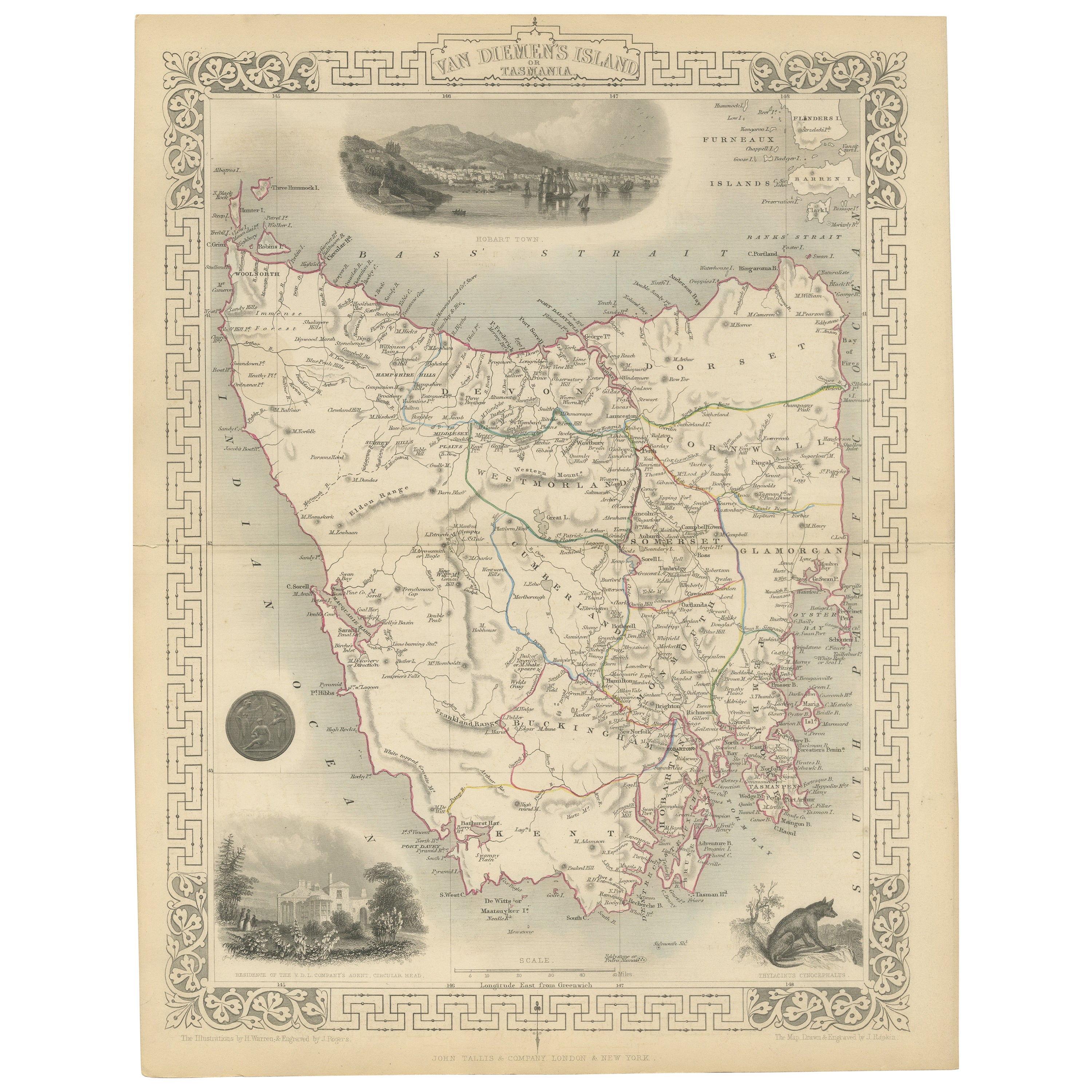Mapa de Tasmania con ilustraciones de la fauna local e hitos coloniales, 1851