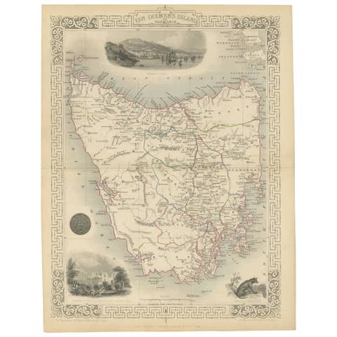 Map of Tasmania with Illustrations of Local Fauna and Colonial Landmarks, 1851