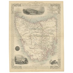 Mapa de Tasmania con ilustraciones de la fauna local e hitos coloniales, 1851