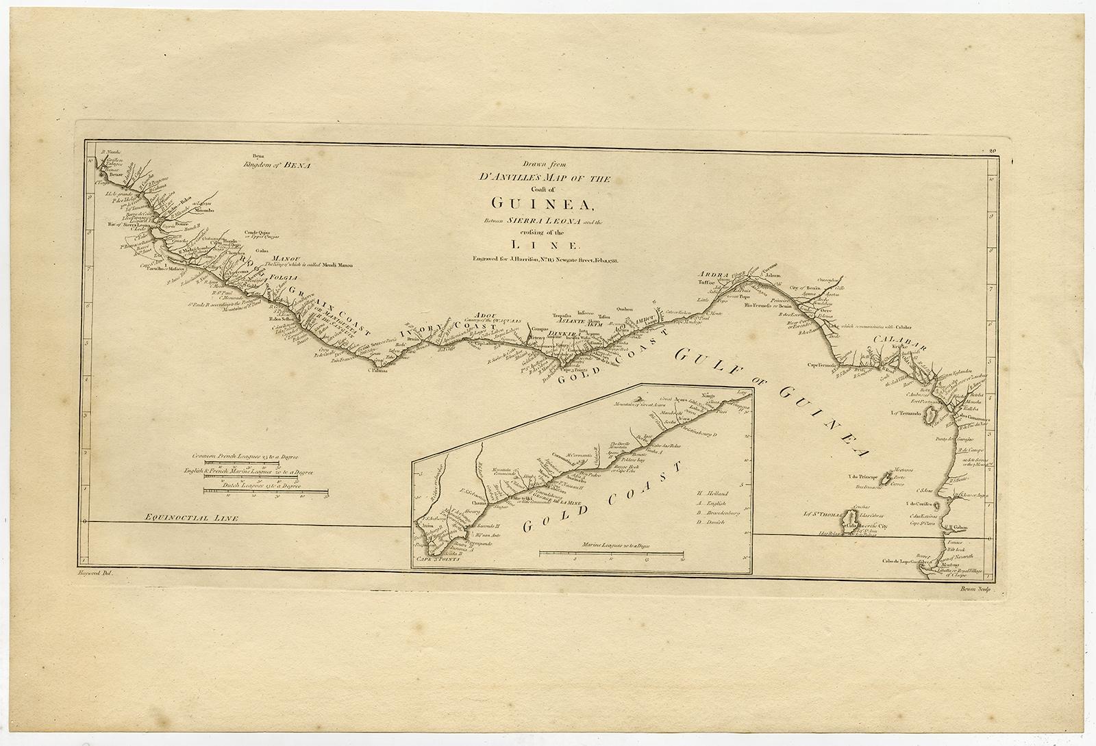Antique map titled 'Drawn from d'Anvilles Map of the Coast of Guinea, Between Sierra Leone and the crossing of the Line.' 

Map of the African coast, Gulf of Guinea, from Sierra Leone to Gabon (this includes Liberia, Ivory Coast, Ghana, Togo,