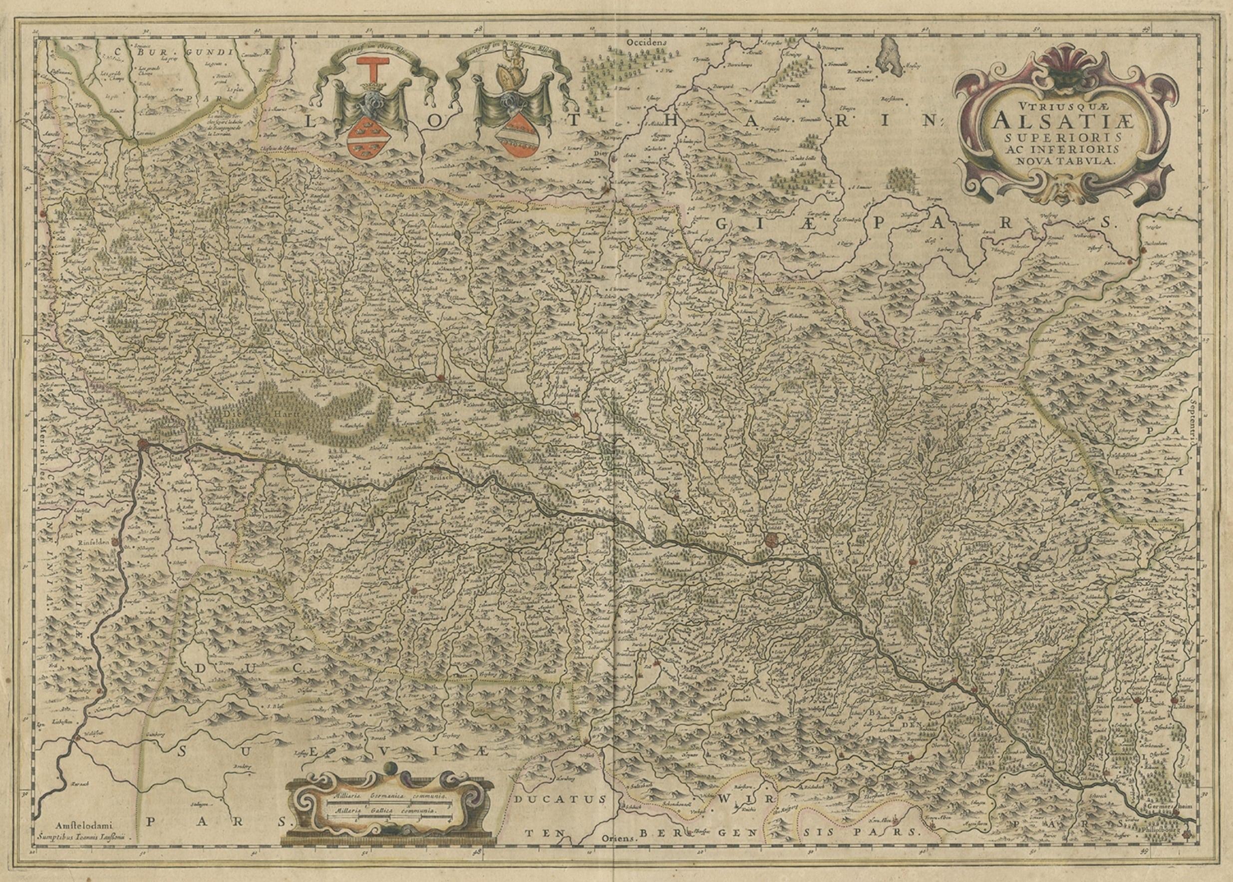 Map of the Alsace, Frankreich Inkl. des Rheins von Phillipsburg bis Südfrankreich, um 1650 im Zustand „Relativ gut“ im Angebot in Langweer, NL