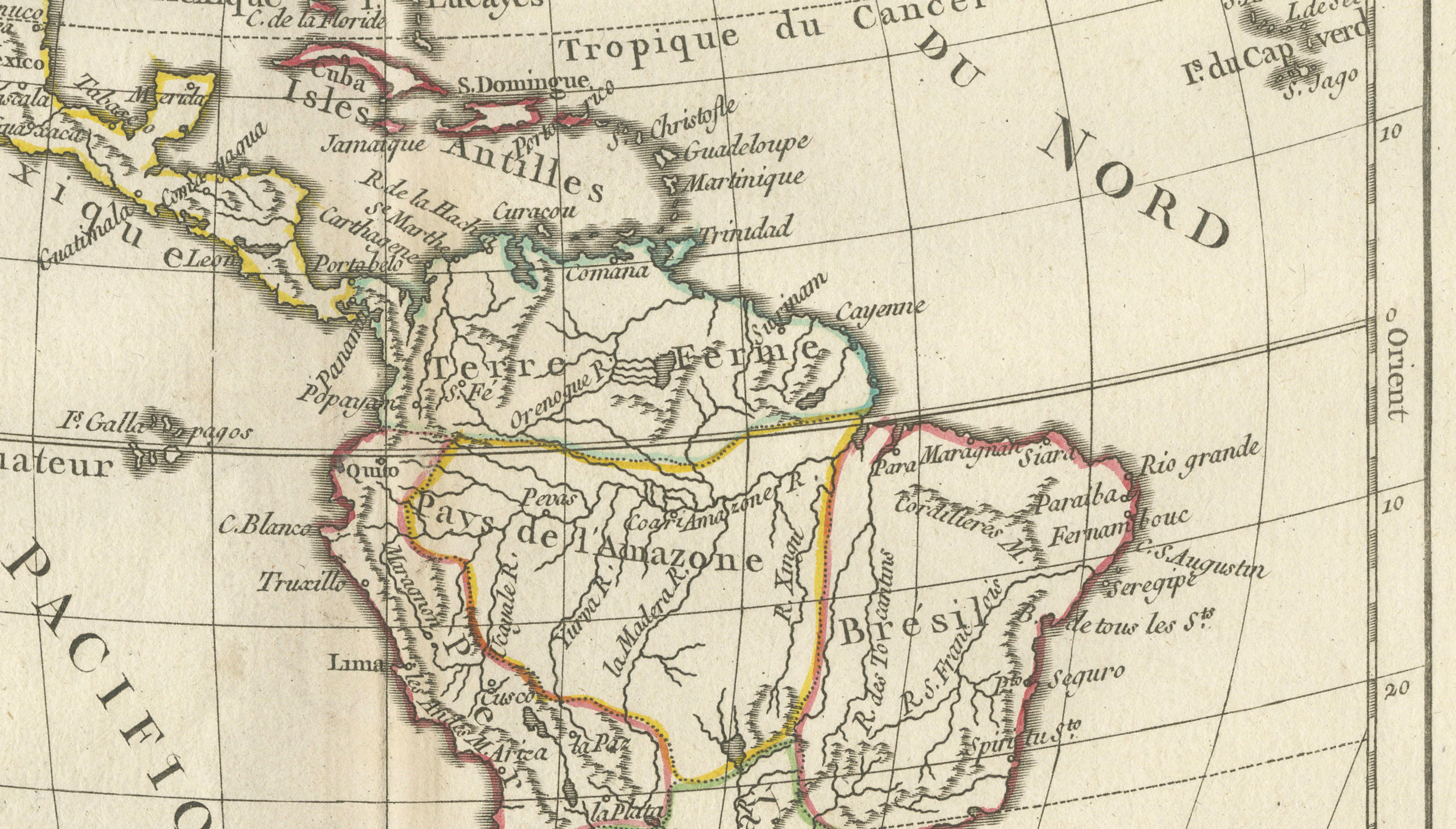 Map of the Americas by Robert de Vaugondy, Original Hand-Colored Map, 1757