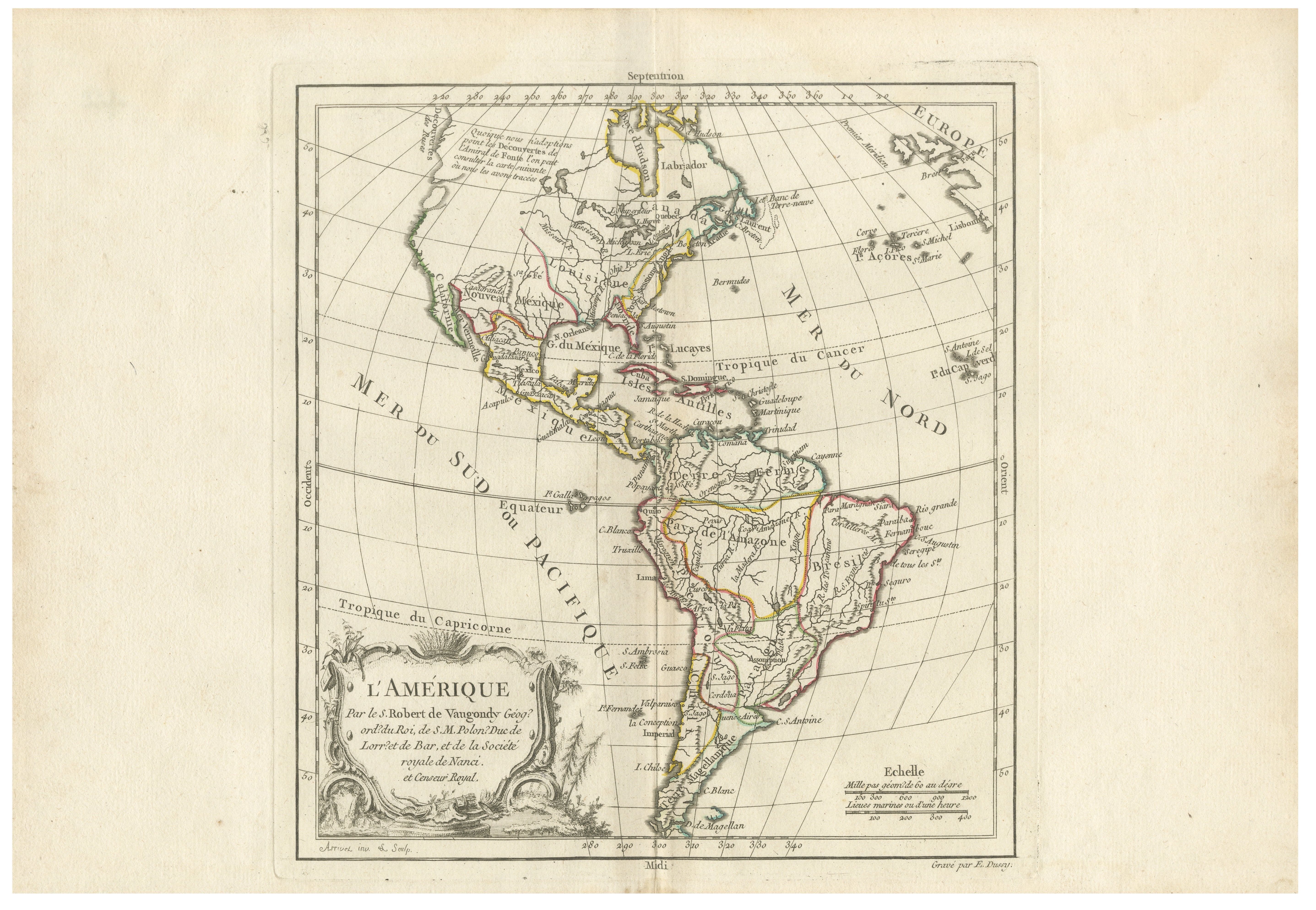 Map of the Americas by Robert de Vaugondy, Original Hand-Colored Map, 1757