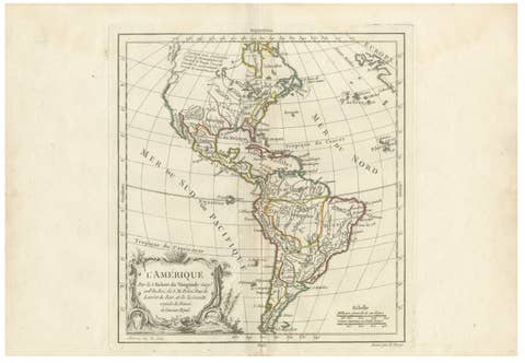 Map of the Americas by Robert de Vaugondy, Original Hand-Colored Map, 1757