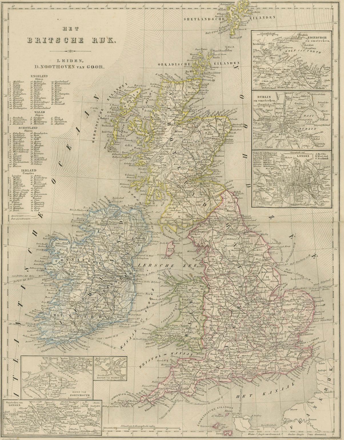 Carte des îles britanniques avec des inserts de Londres et de Dublin, Leyde 1876 en vente 2
