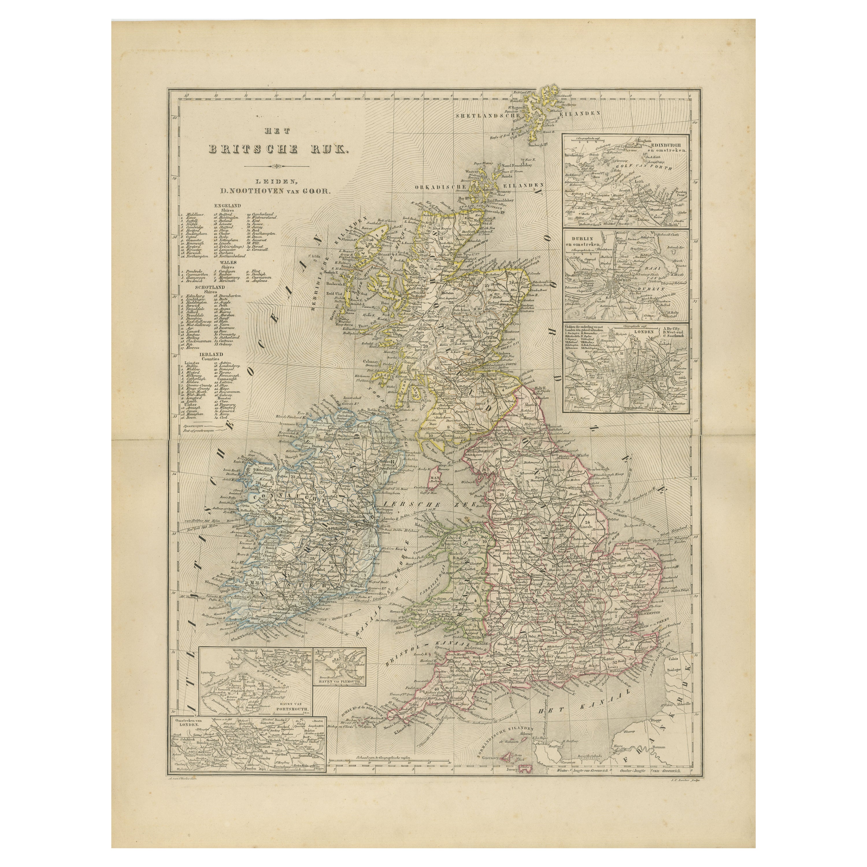 Carte des îles britanniques avec des inserts de Londres et de Dublin, Leyde 1876