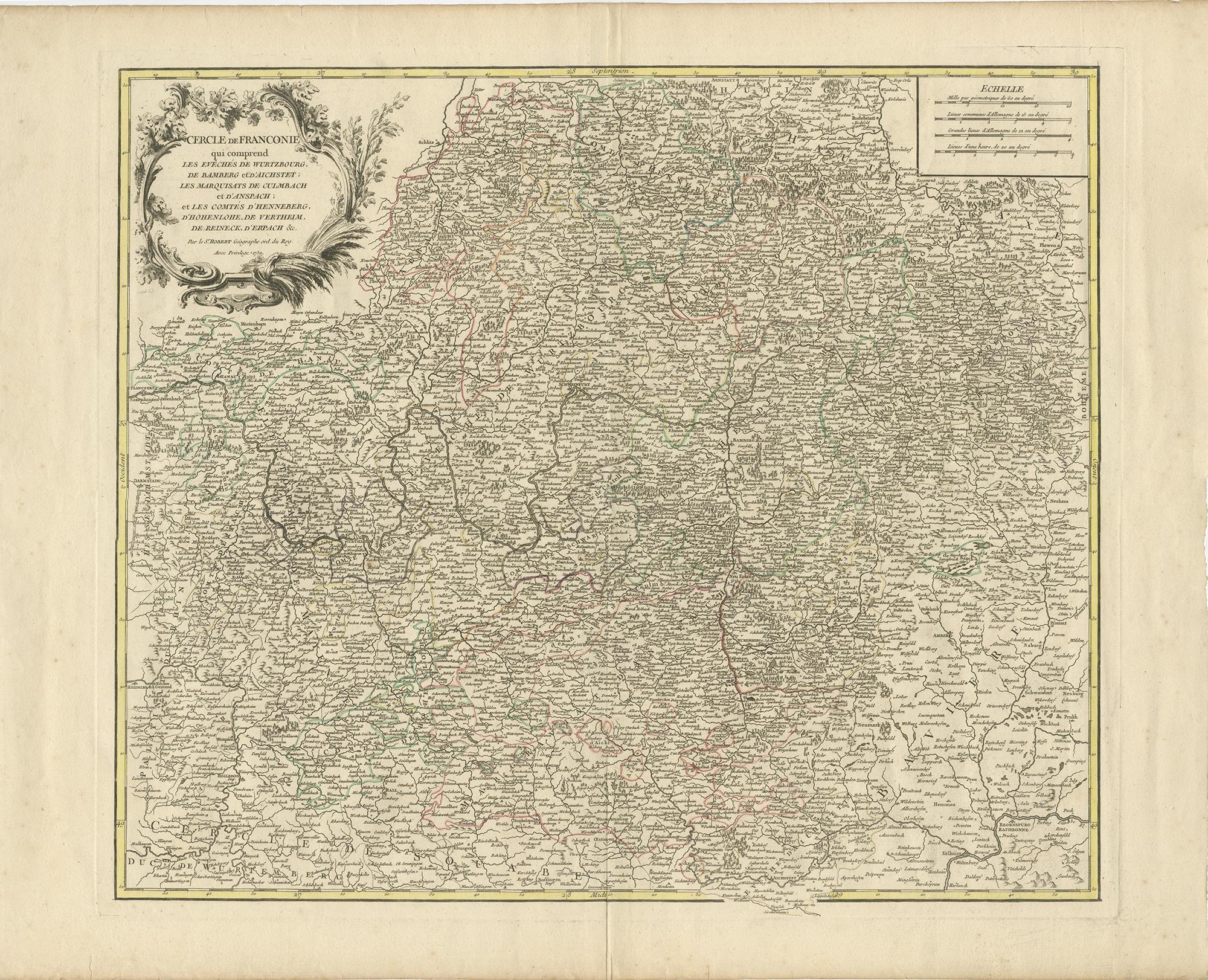 Antique map titled 'Cercle de Franconie (..)'. 

Map of the Circle of Franconia, Germany. Centered on Bamberg, Wurtzburg and Nuremberg. This map originates from 'Atlas Universel (..)'. 

Artists and Engravers: Gilles Robert de Vaugondy (1688 -