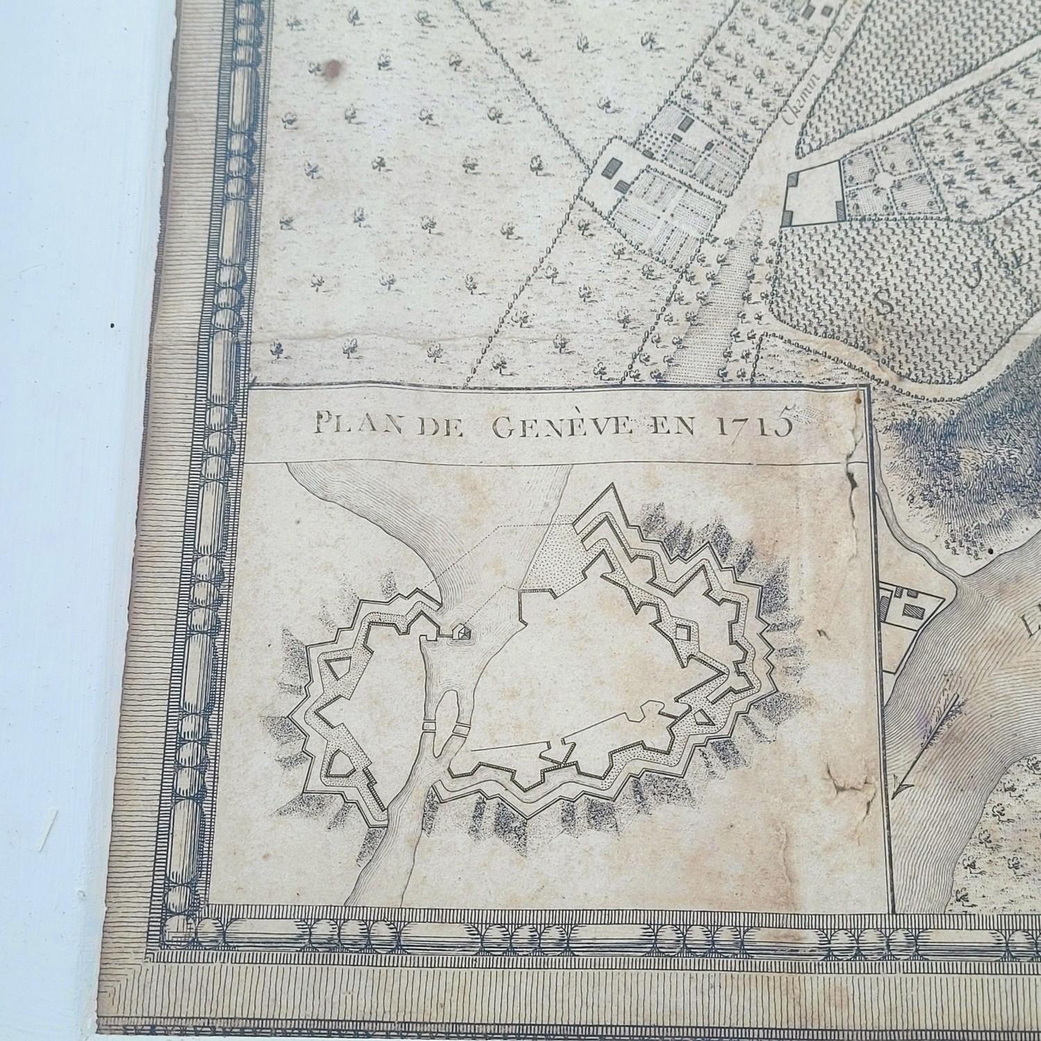 Paper Map Of The City Of Geneva, Framed Engraving, Late 18th Century For Sale