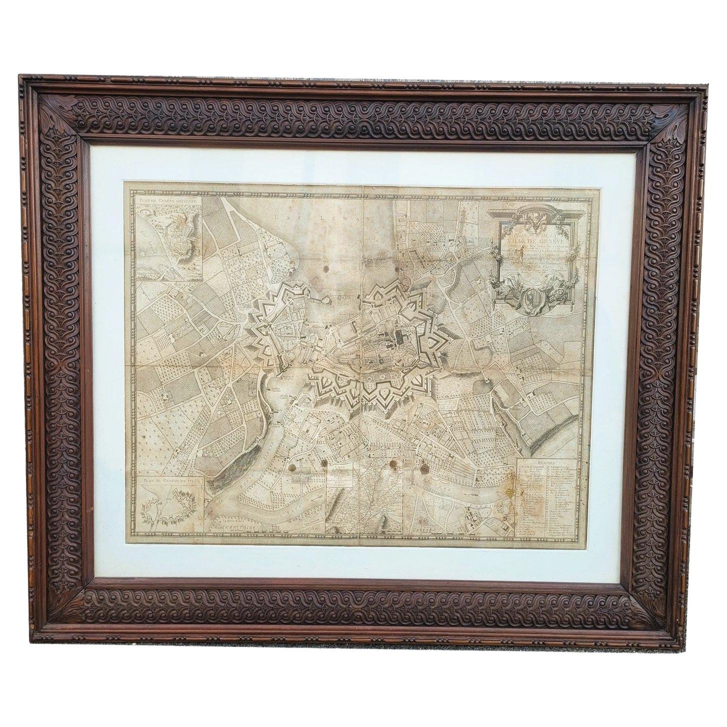 Map Of The City Of Geneva, Framed Engraving, Late 18th Century For Sale