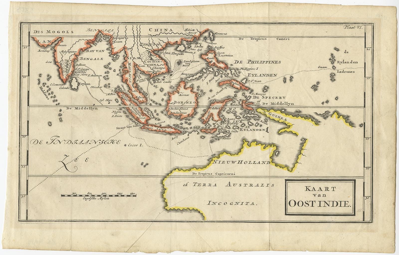 Antique map titled 'Kaart van Oost Indie'. 

Old map of the East Indies. It shows the routes of Captain William Dampier's voyage throughout the region. Dotted lines delineates explorations from Guam, through the East Indies, the Philippines,
