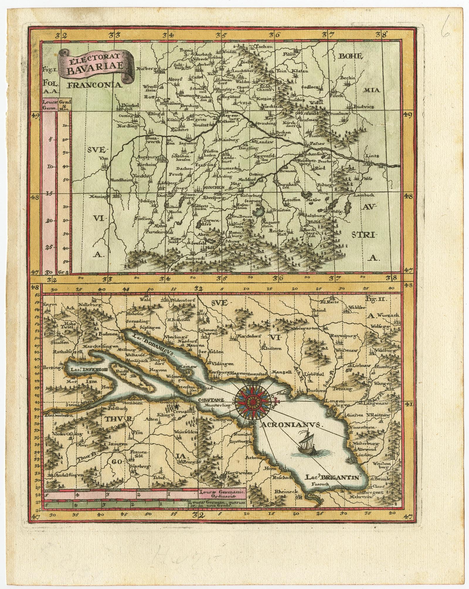 Antique map titled 'Electorat Bavariae.' Map of the Electorate of Bavaria by the Jesuit Heinrich Scherer. The lower map shows the Lake Constance. Source unknown, to be determined.

Artists and Engravers: Heinrich Scherer (1628-1704) was a