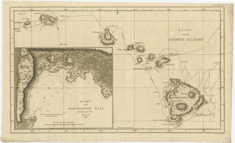 Antique map titled 'Kaart van de Sandwich Eilanden'. 

Map of the Hawaiian Islands with a large inset of Karakakooa Bay, including soundings and anchorages. Originates from 'Reizen Rondom de Waereld door James Cook (..)'. 

Artists and