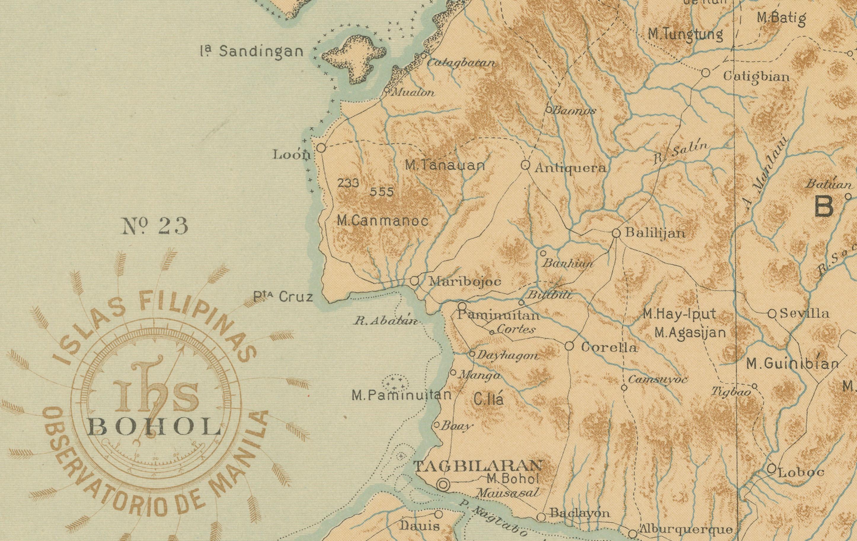 Title: Map of the Island of Bohol – Observatorio de Manila, 1899

Description:
This elegant chromolithographed map titled “Islas Filipinas – Isla de Bohol” was produced under the direction of Rev. José Algué, S.J., Director of the Observatorio de