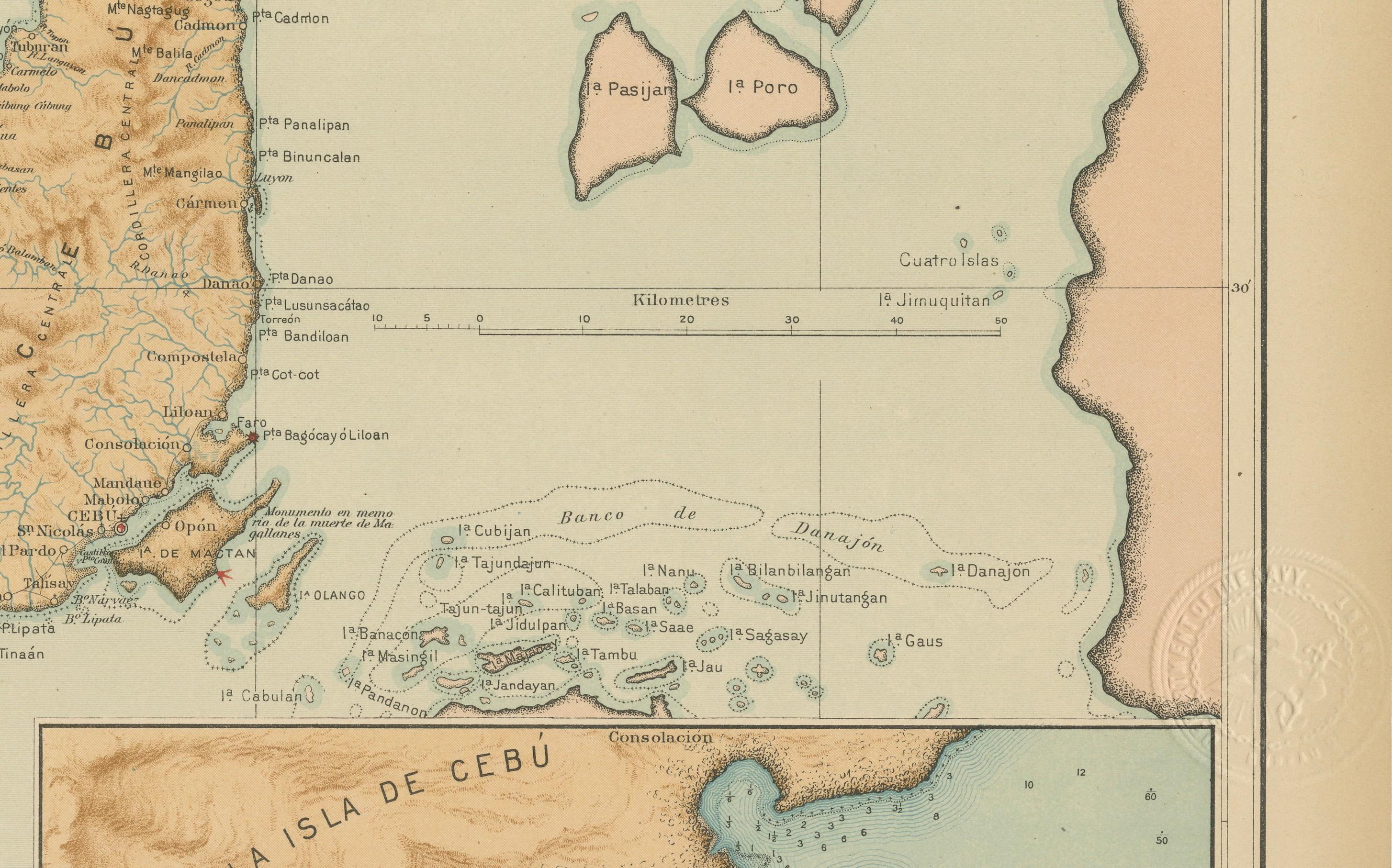Title: Map of the Island of Cebu – Observatorio de Manila, 1899

This fine chromolithographed map titled “Islas Filipinas – Isla de Cebú” was created under the direction of Rev. José Algué, S.J., Director of the Observatorio de Manila, and published