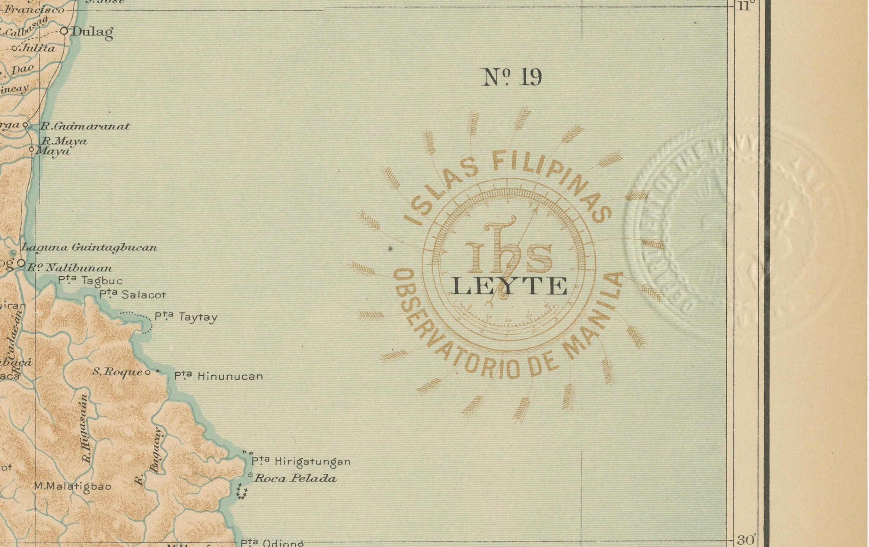 Title: Map of the Island of Leyte – Observatorio de Manila, 1899

This beautifully detailed chromolithographed map titled “Islas Filipinas – Isla de Leyte” was created under the supervision of Rev. José Algué, S.J., Director of the Observatorio de