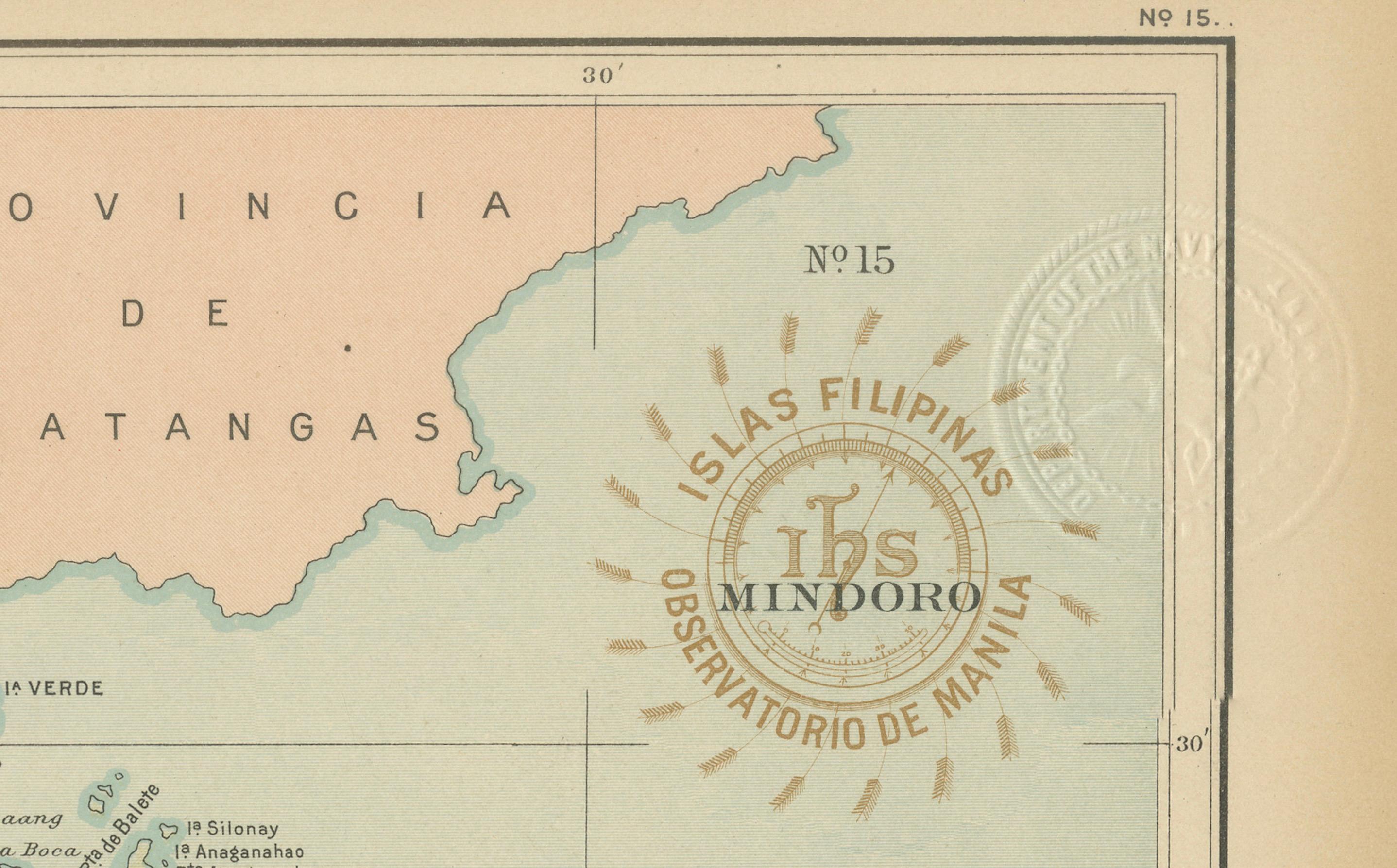 Title: Map of the Island of Mindoro – Observatorio de Manila, 1899

Description:
This finely executed chromolithographed map titled “Islas Filipinas – Isla de Mindoro” was published in 1899 under the direction of Rev. José Algué, S.J., Director of