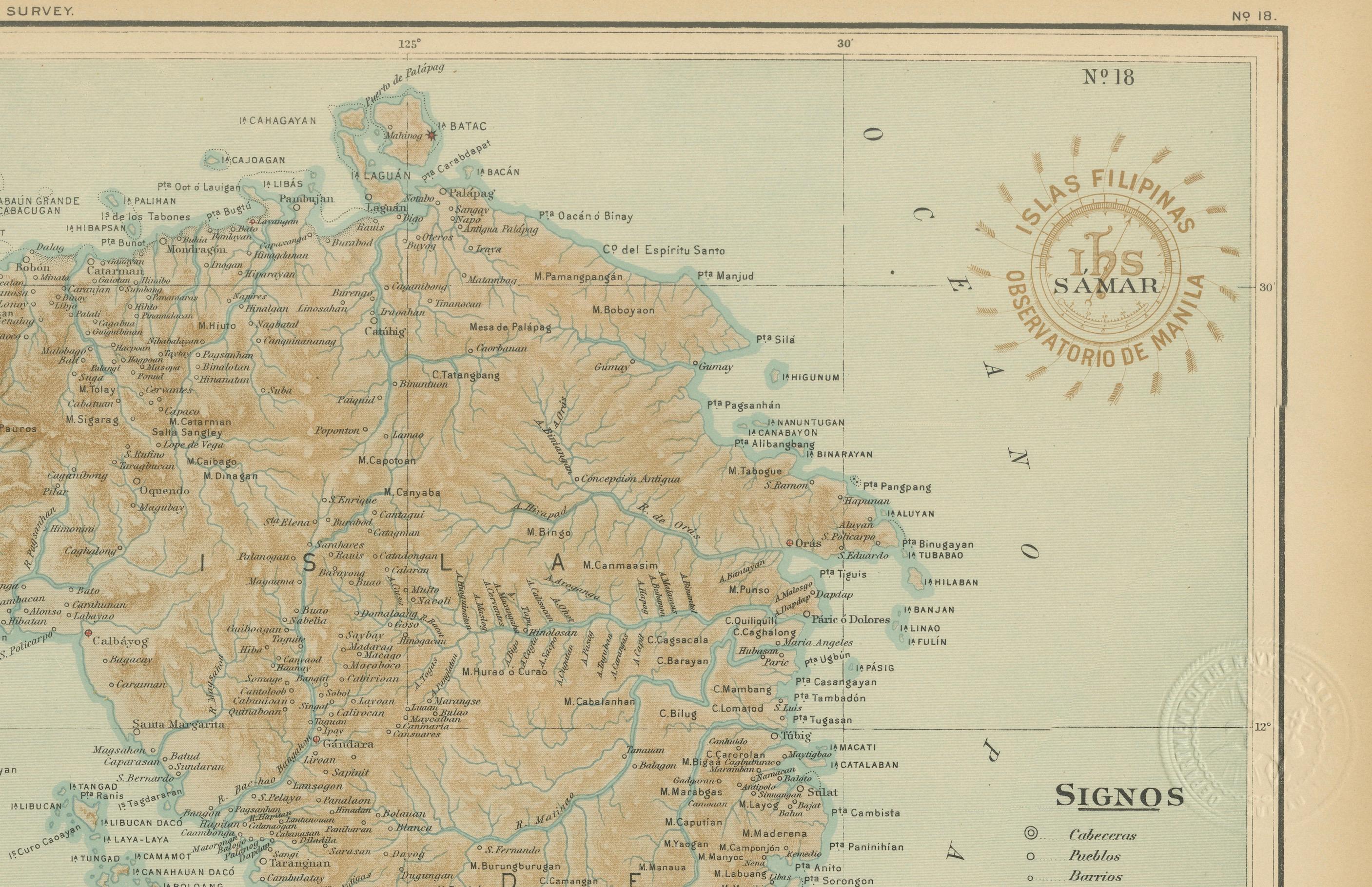 Title: Map of the Island of Samar – Observatorio de Manila, 1899

This finely executed chromolithographed map titled “Islas Filipinas – Isla de Samar” was created under the supervision of Rev. José Algué, S.J., Director of the Observatorio de