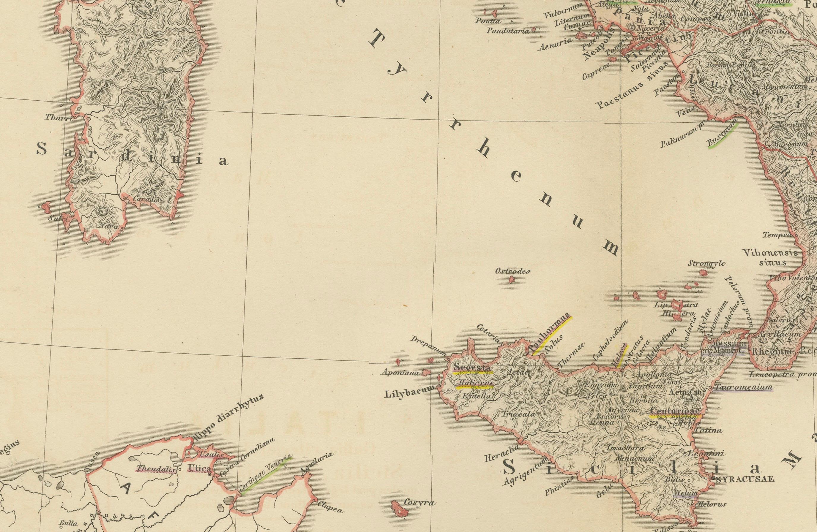 Carte de la péninsule italienne avec les îles de Sicile, Sardaigne, Corsica, 1880 Bon état - En vente à Langweer, NL