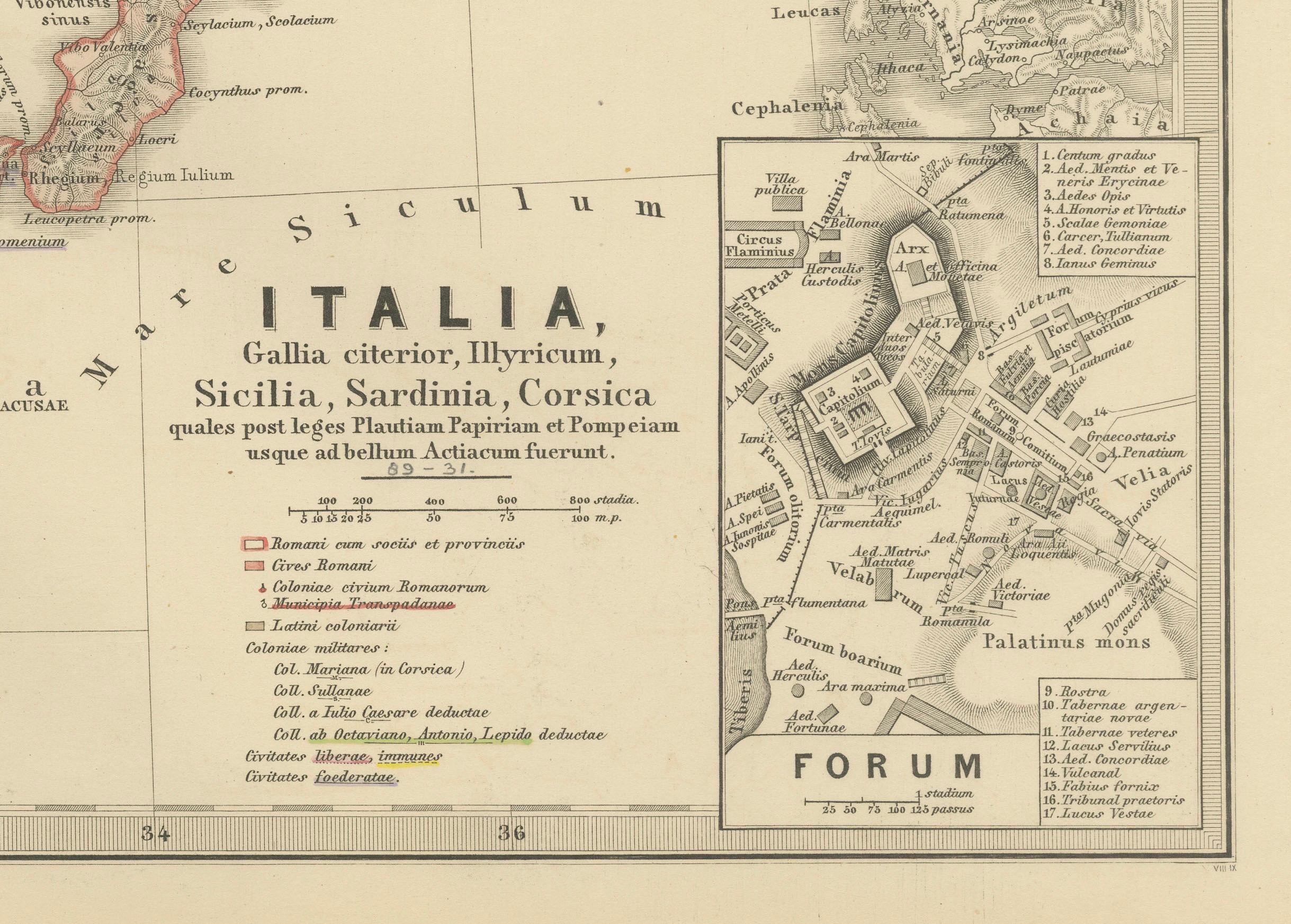 Paper Map of The Italian Peninsula with the islands of Sicily, Sardinia, Corsica, 1880 For Sale