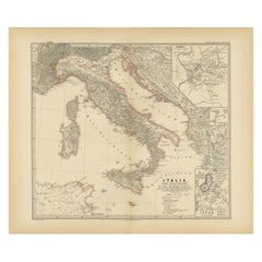 Antique Map of The Italian Peninsula with the islands of Sicily, Sardinia, Corsica, 1880