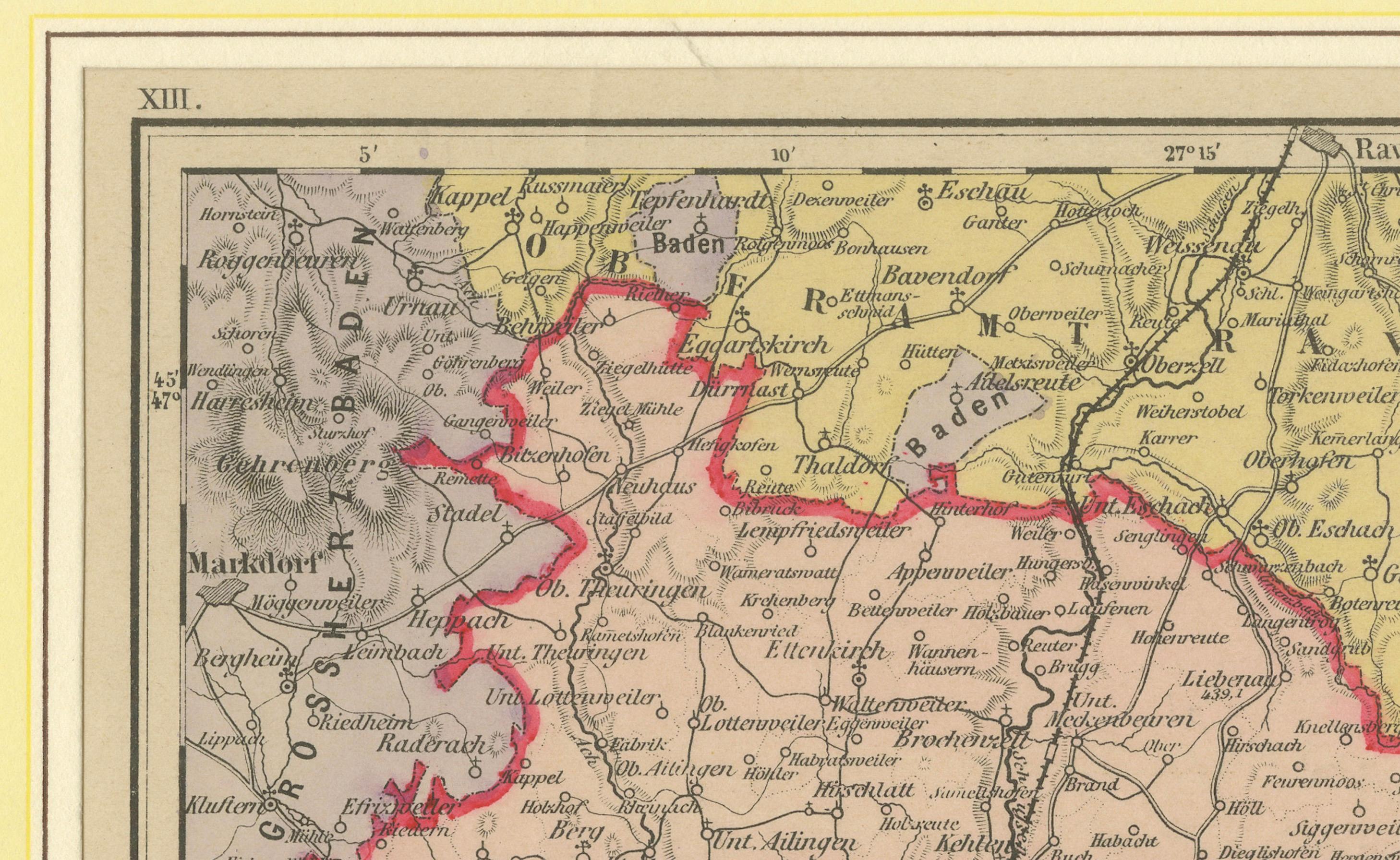 Carte administrative du royaume de Wurtemberg, Oberamt Tettnang, vers 1885

Cette carte ancienne détaillée intitulée 