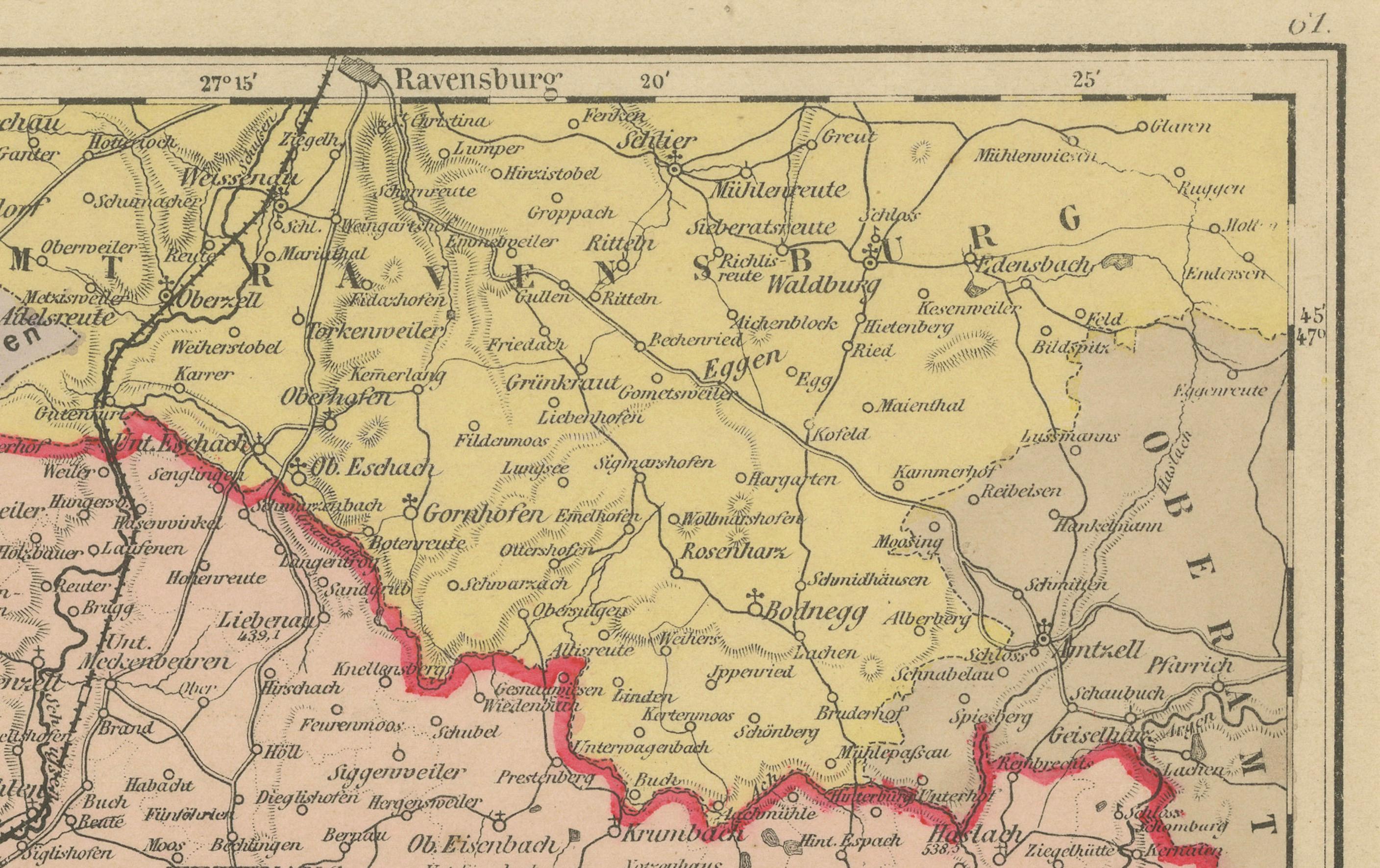 Carte du Royaume de Wurtemberg, Oberamt Tettnang en Allemagne, vers 1885 Bon état - En vente à Langweer, NL