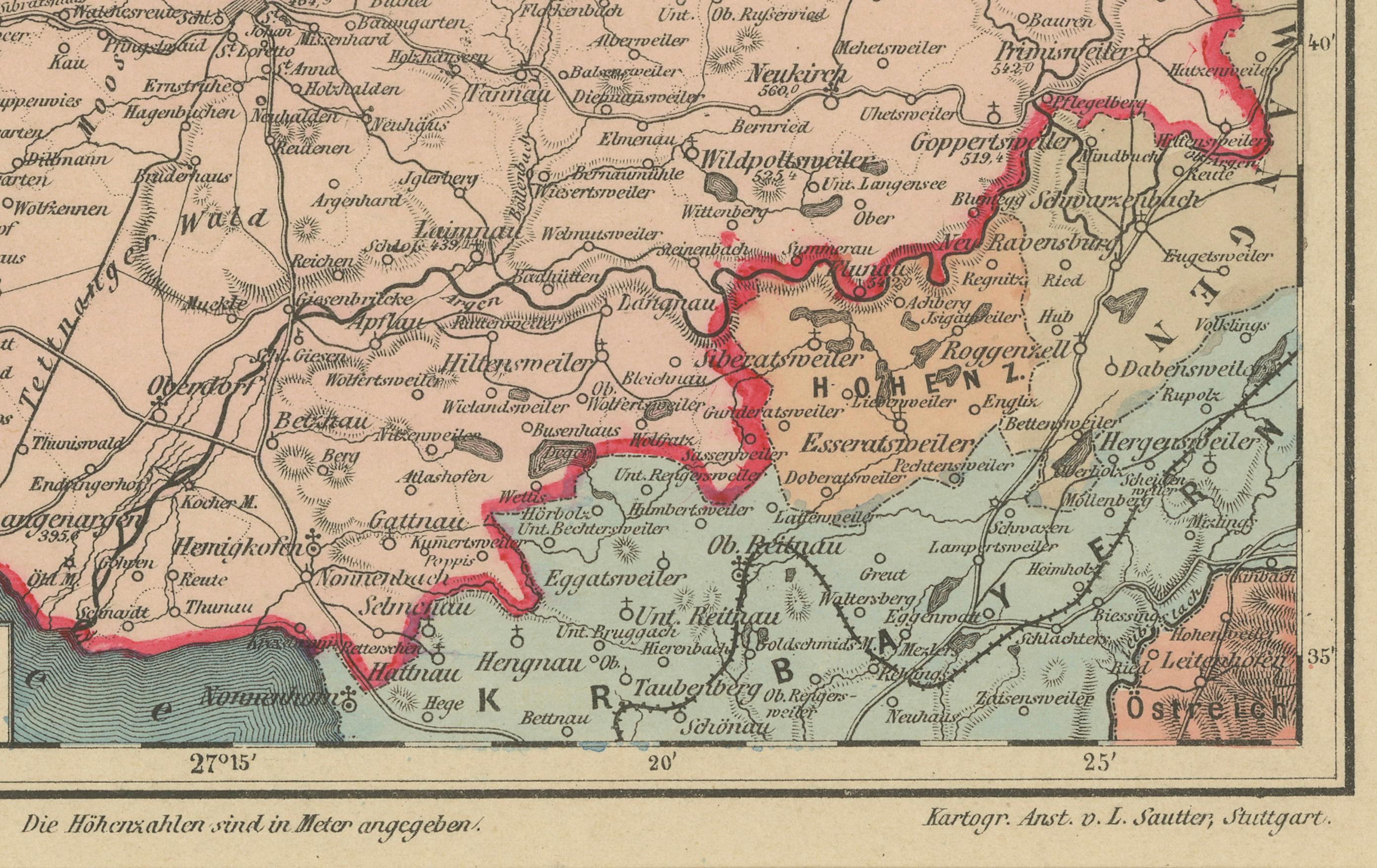 Fin du XIXe siècle Carte du Royaume de Wurtemberg, Oberamt Tettnang en Allemagne, vers 1885 en vente