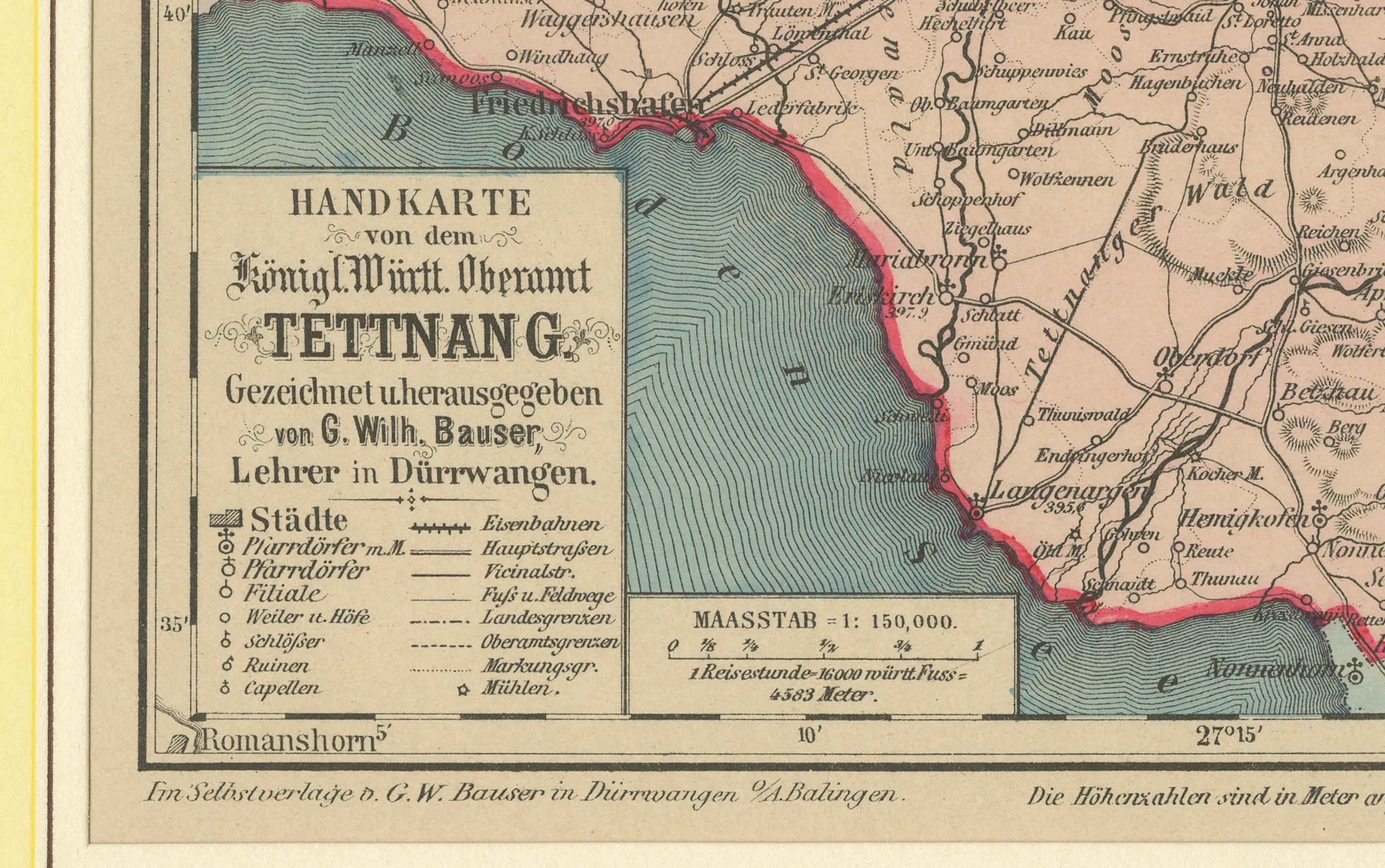 Papier Carte du Royaume de Wurtemberg, Oberamt Tettnang en Allemagne, vers 1885 en vente