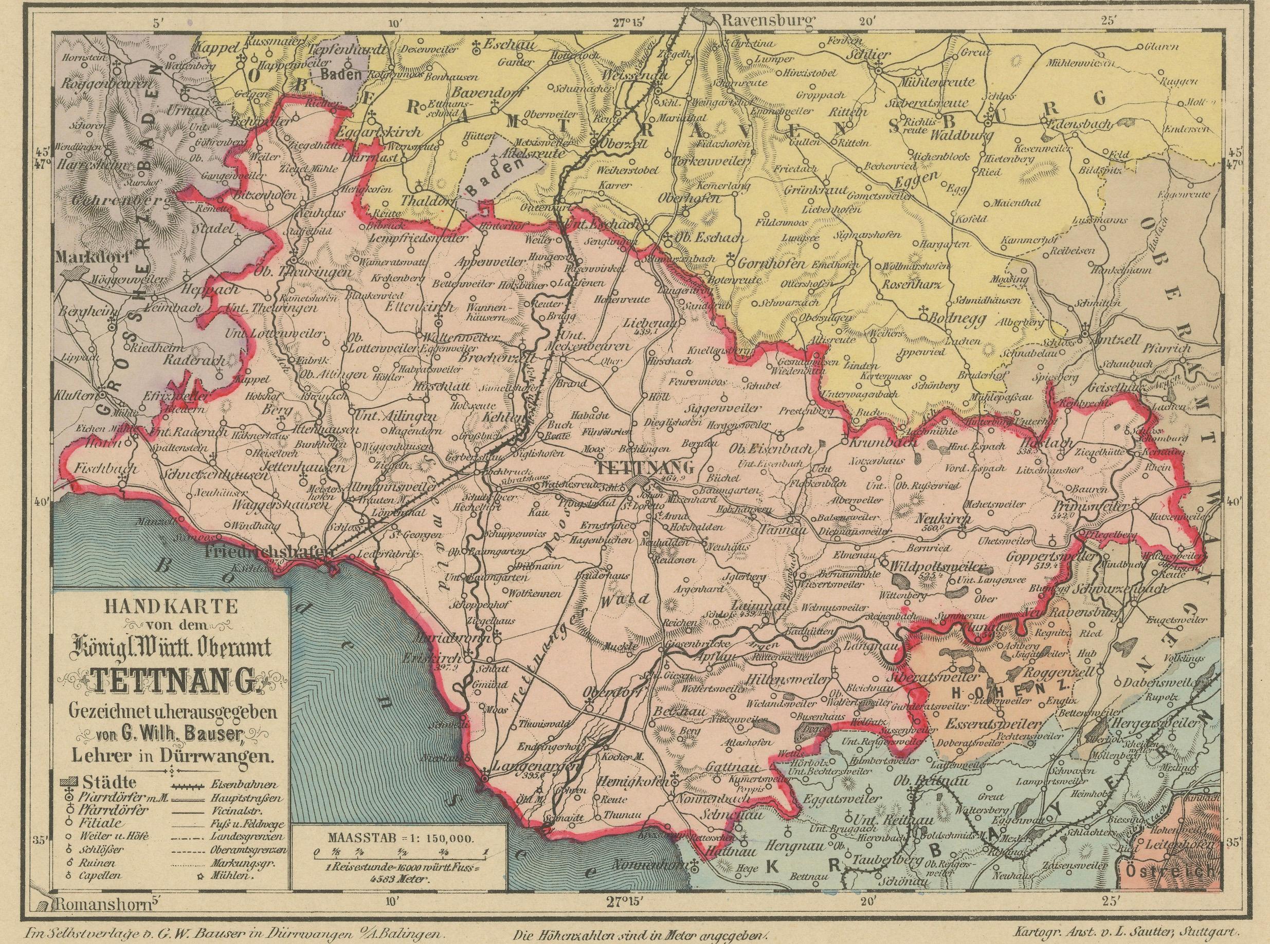 Carte du Royaume de Wurtemberg, Oberamt Tettnang en Allemagne, vers 1885 en vente 2