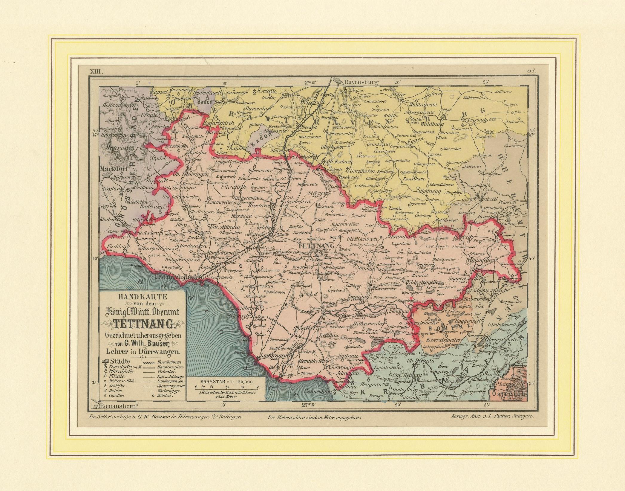 Carte du Royaume de Wurtemberg, Oberamt Tettnang en Allemagne, vers 1885 en vente 3