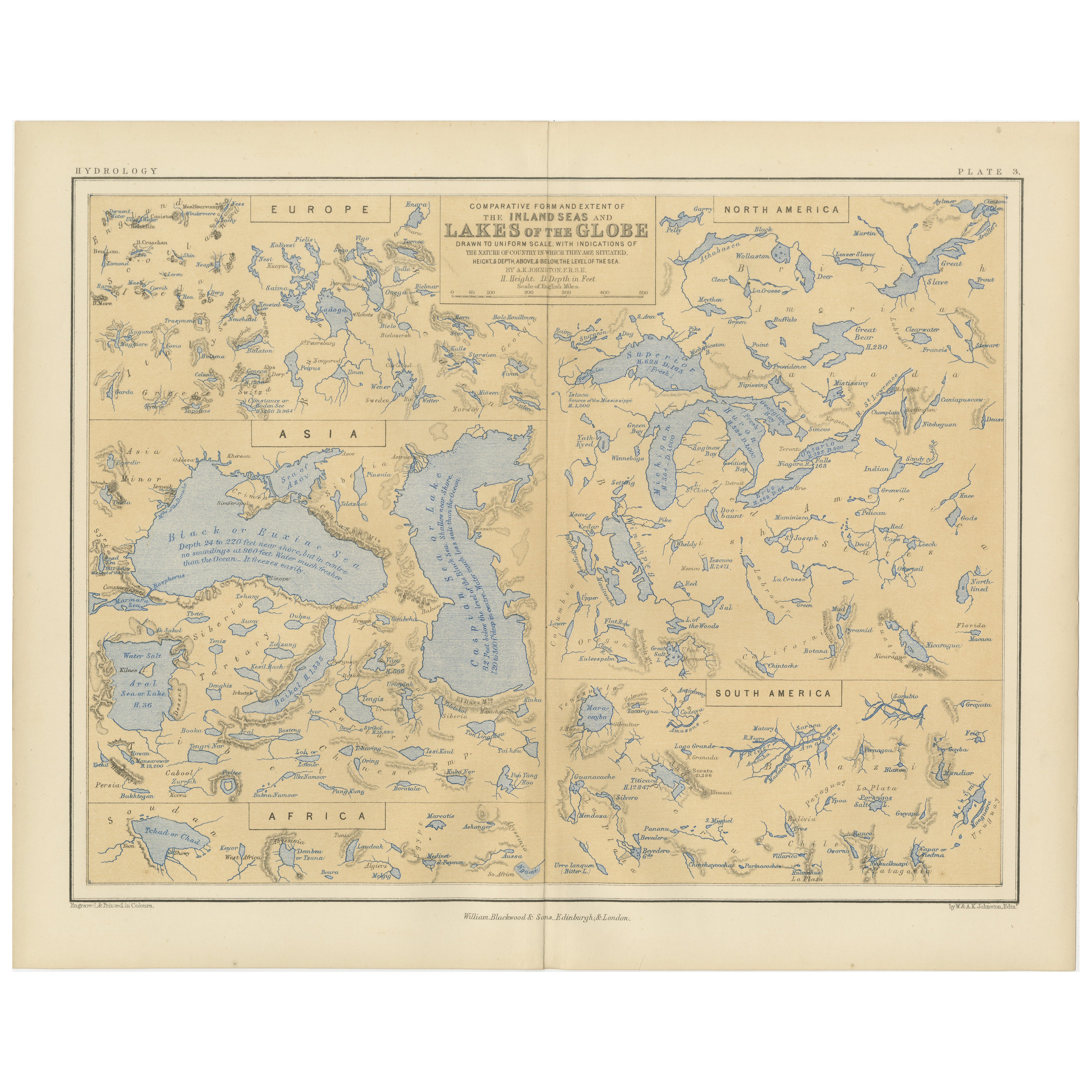 Map of the Lakes of the Globe 1856 – Comparative Chart of Inland Seas For Sale