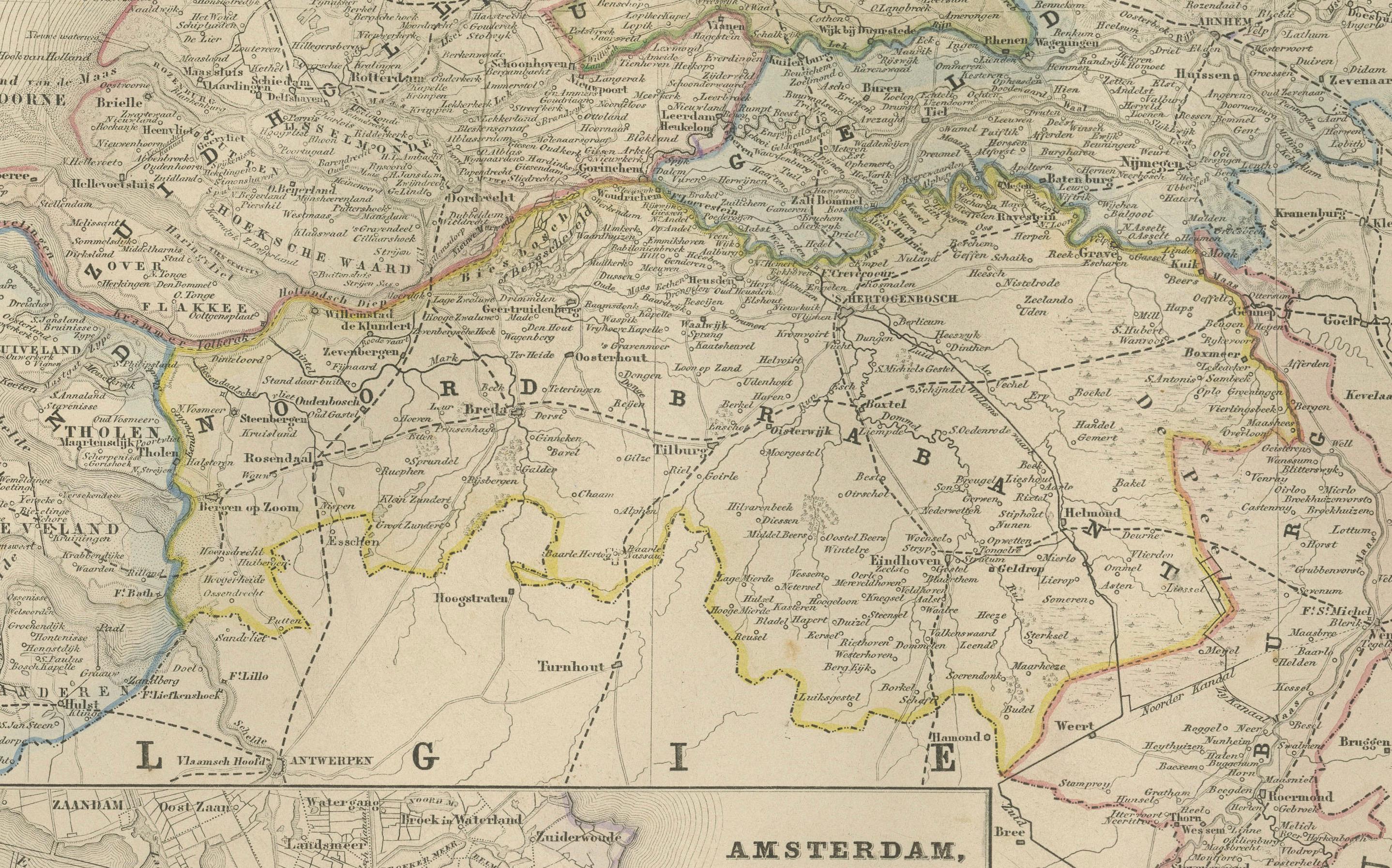 Carte des Pays-Bas avec inserts d'Amsterdam et d'Arnhem, Leyde 1876

Cette carte néerlandaise détaillée du XIXe siècle, intitulée 