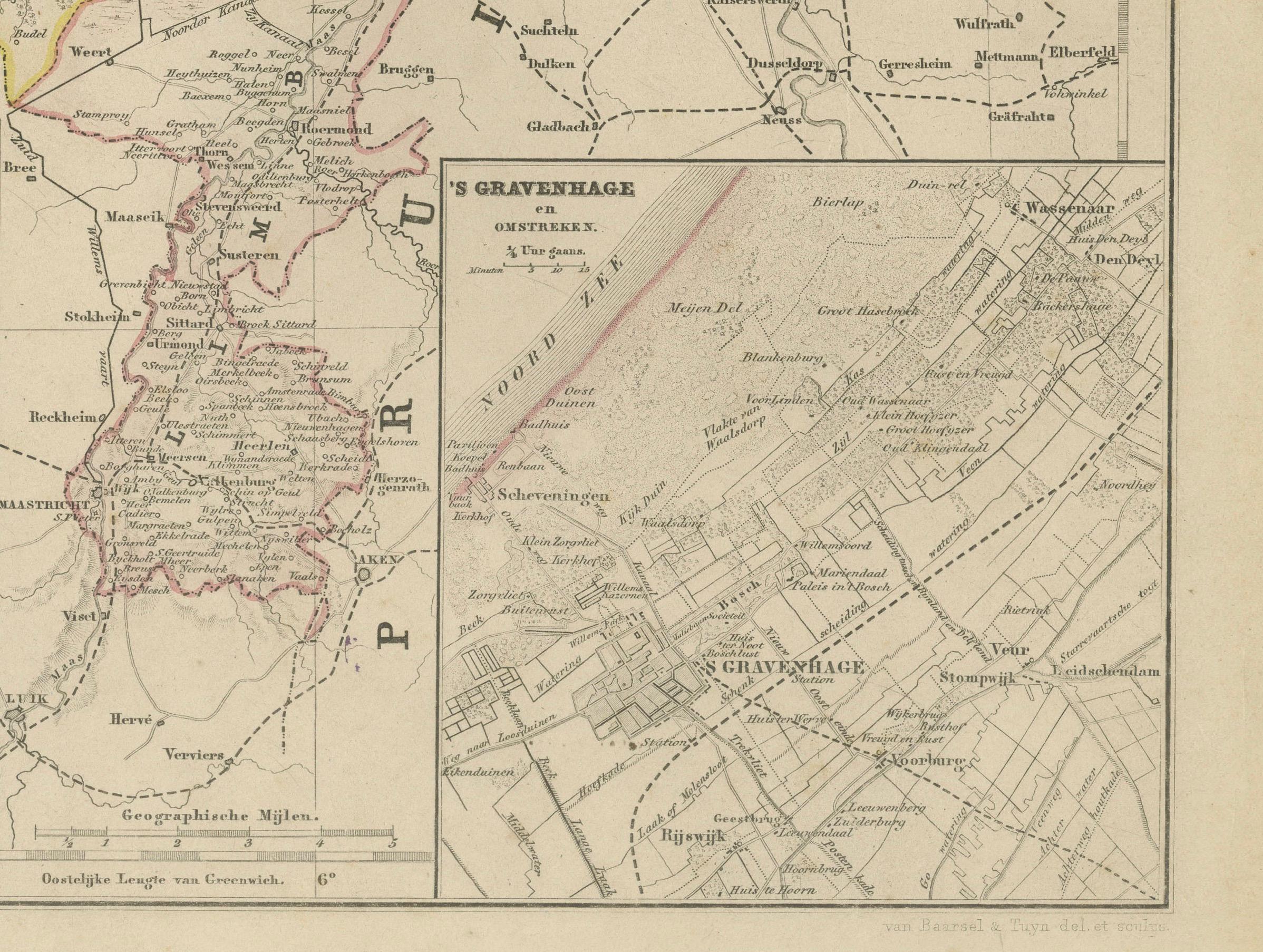 Carte des Pays-Bas avec inserts d'Amsterdam et d'Arnhem, Leyde 1876 Bon état - En vente à Langweer, NL