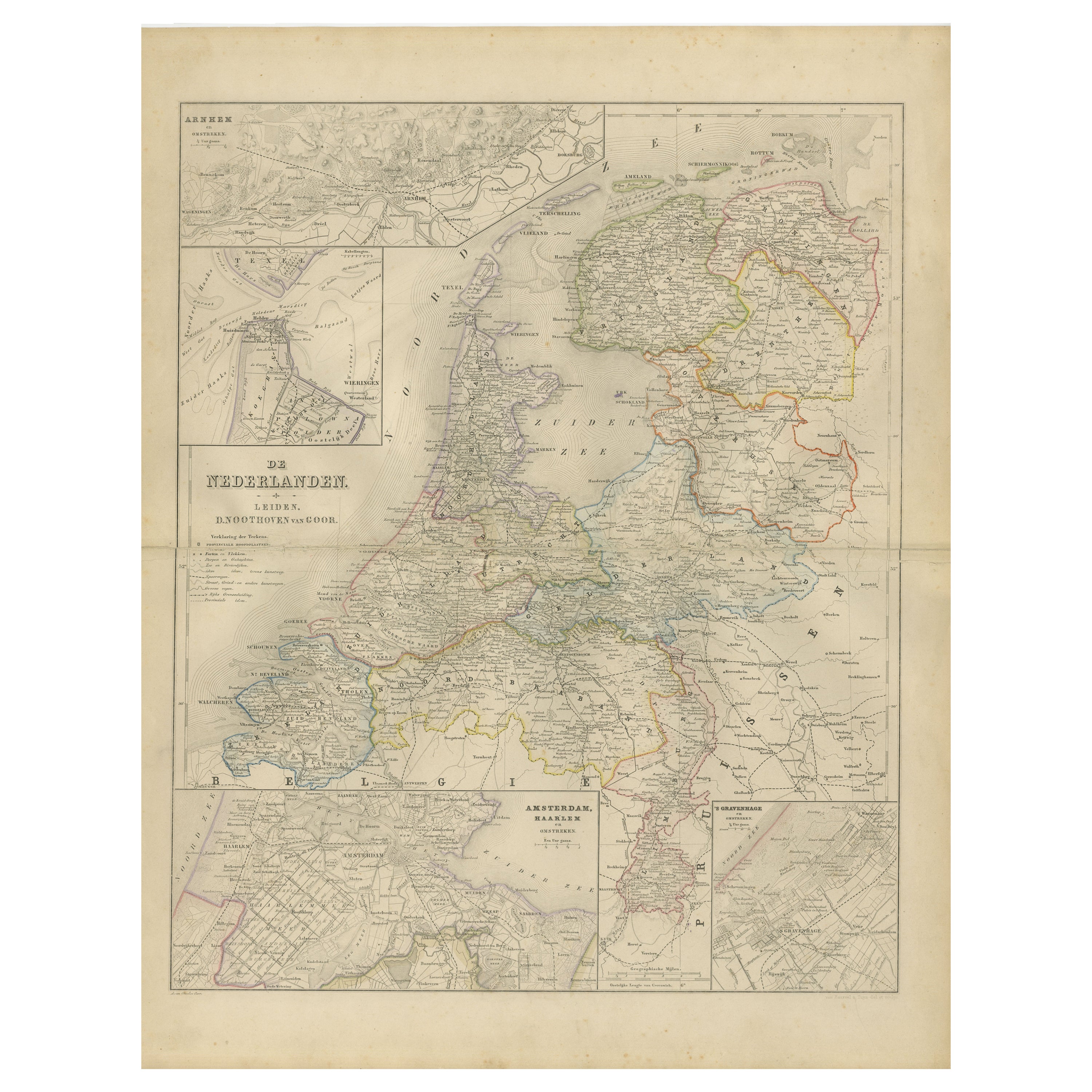 Carte des Pays-Bas avec inserts d
Amsterdam et d
Arnhem, Leyde 1876