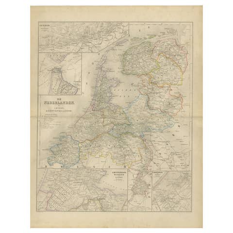 Map of the Netherlands with Insets of Amsterdam and Arnhem, Leiden 1876