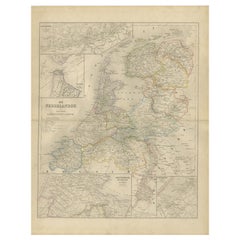 Map of the Netherlands with Insets of Amsterdam and Arnhem, Leiden 1876 Antique Map of the Netherlands with Insets of Amsterdam and Arnhem, Leiden 1876