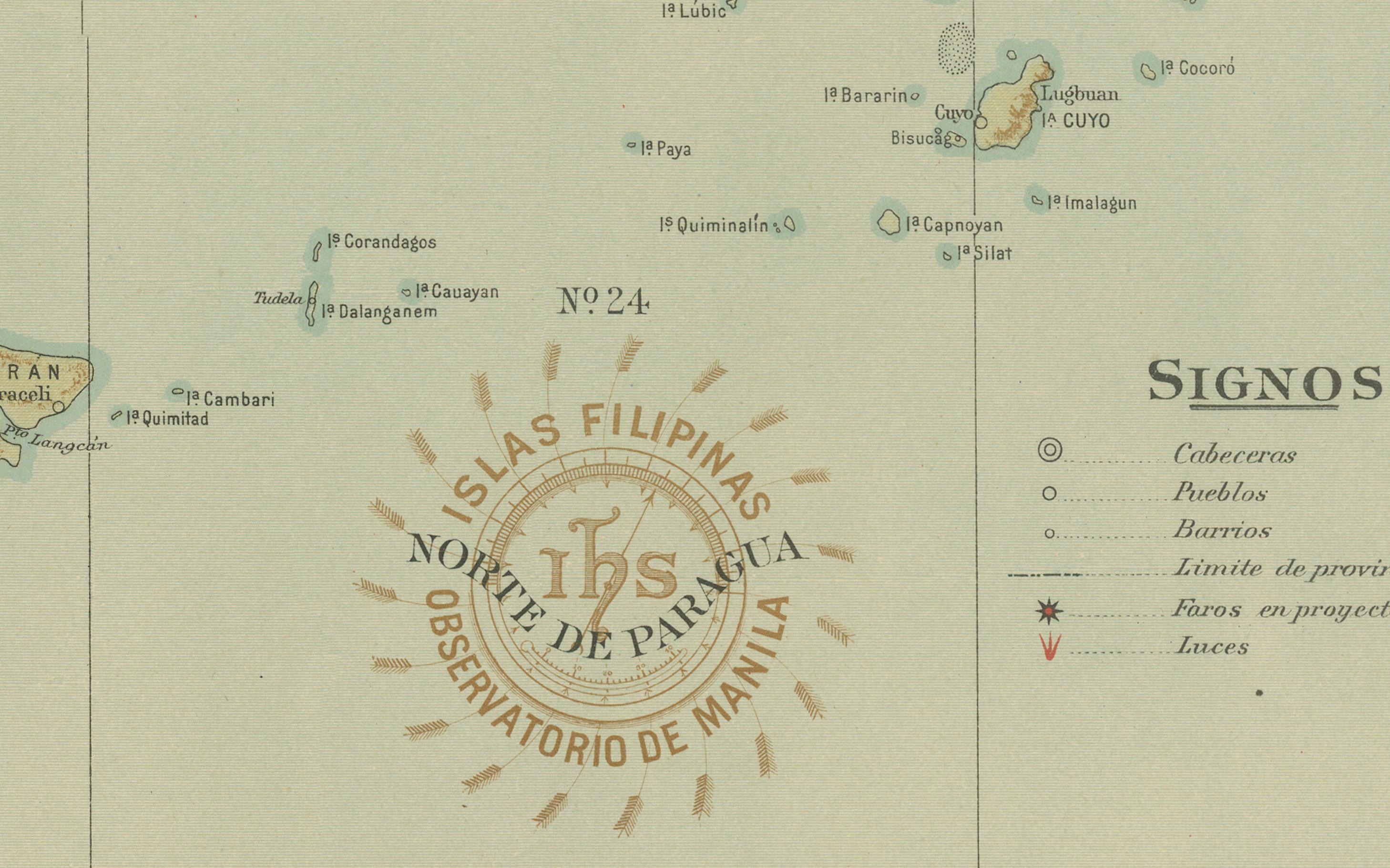 Title: Map of the Northern Part of Palawan – Observatorio de Manila, 1899

This finely detailed chromolithograph titled “Islas Filipinas – Norte de Paragua” depicts the northern region of Palawan (then known as Paragua) and was published in 1899