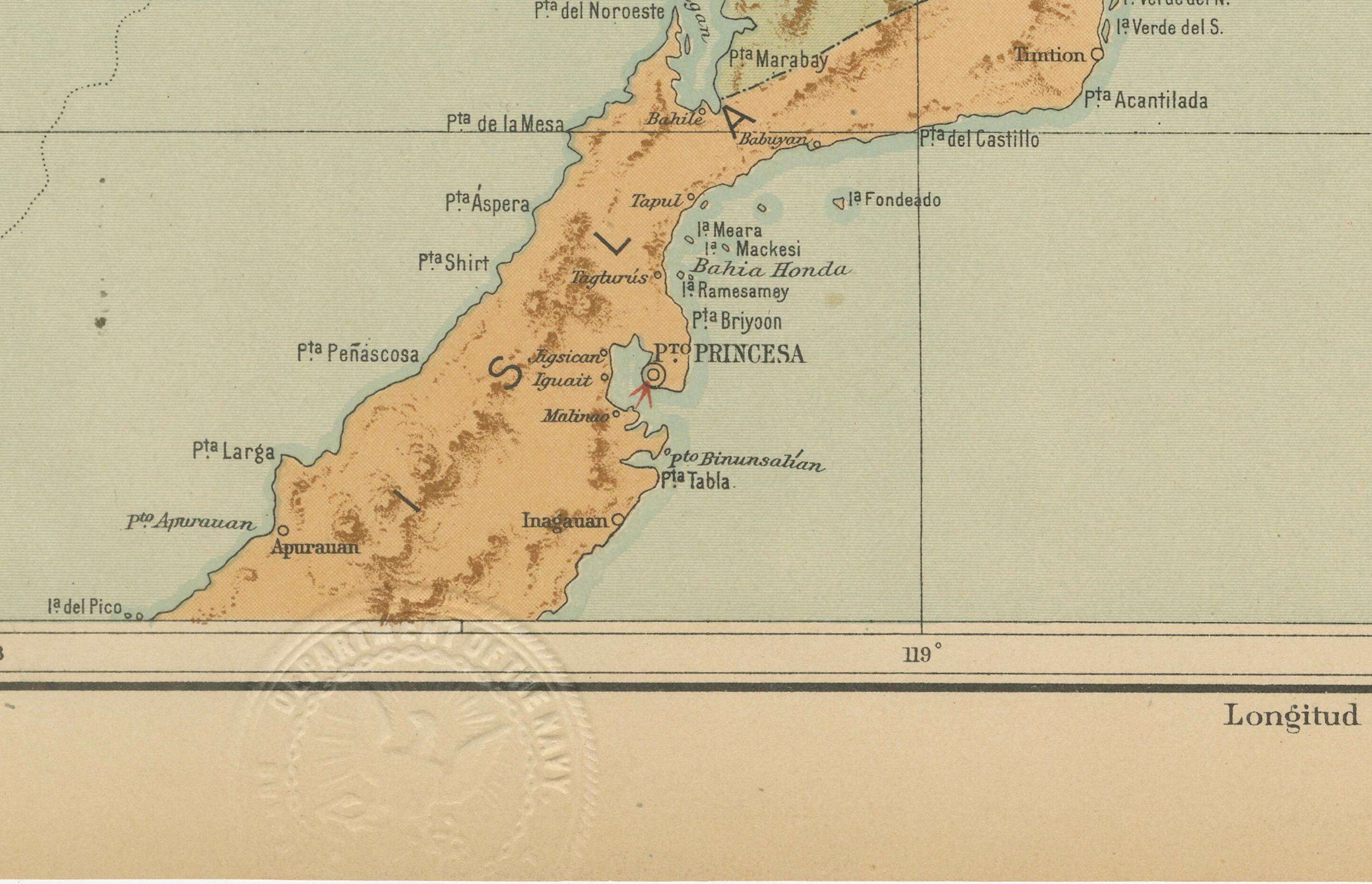 Map of the Northern Part of Palawan – Observatorio de Manila, 1899 In Good Condition For Sale In Langweer, NL