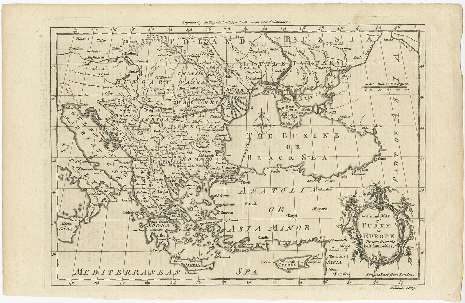 Antique map Turkey titled 'An Accurate Map of Turky in Europe drawn from the best Authorities'. 

Map of the Ottoman Empire in Europe, the Balkans, Greece, and Turkey in Europe. Engraved for the 'New Geographical Dictionary'. 

Artists and