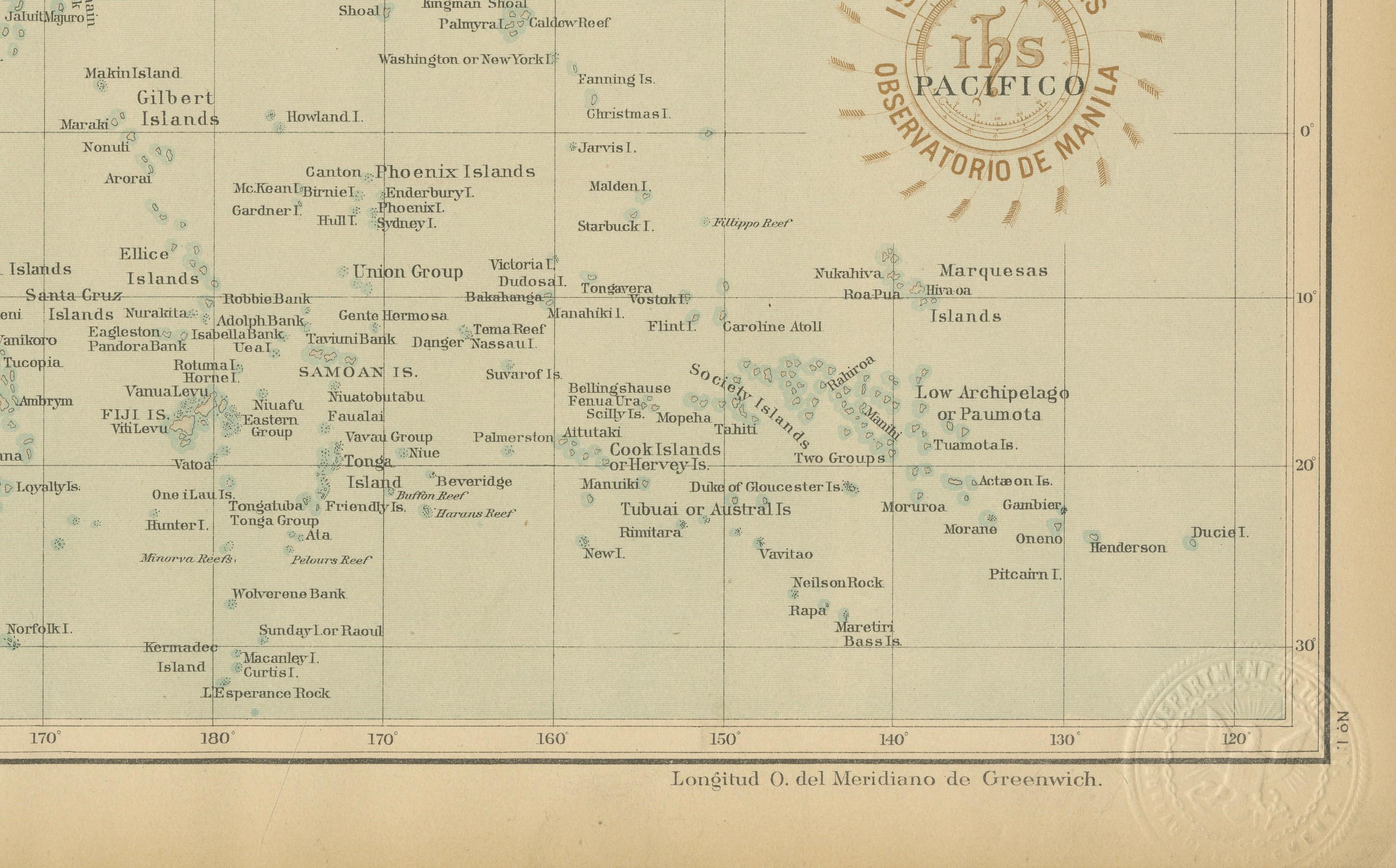 Carta Mappa dell'Oceano Pacifico e dell'Arcipelago delle Filippine - Osservatorio di Manila, 1899 in vendita