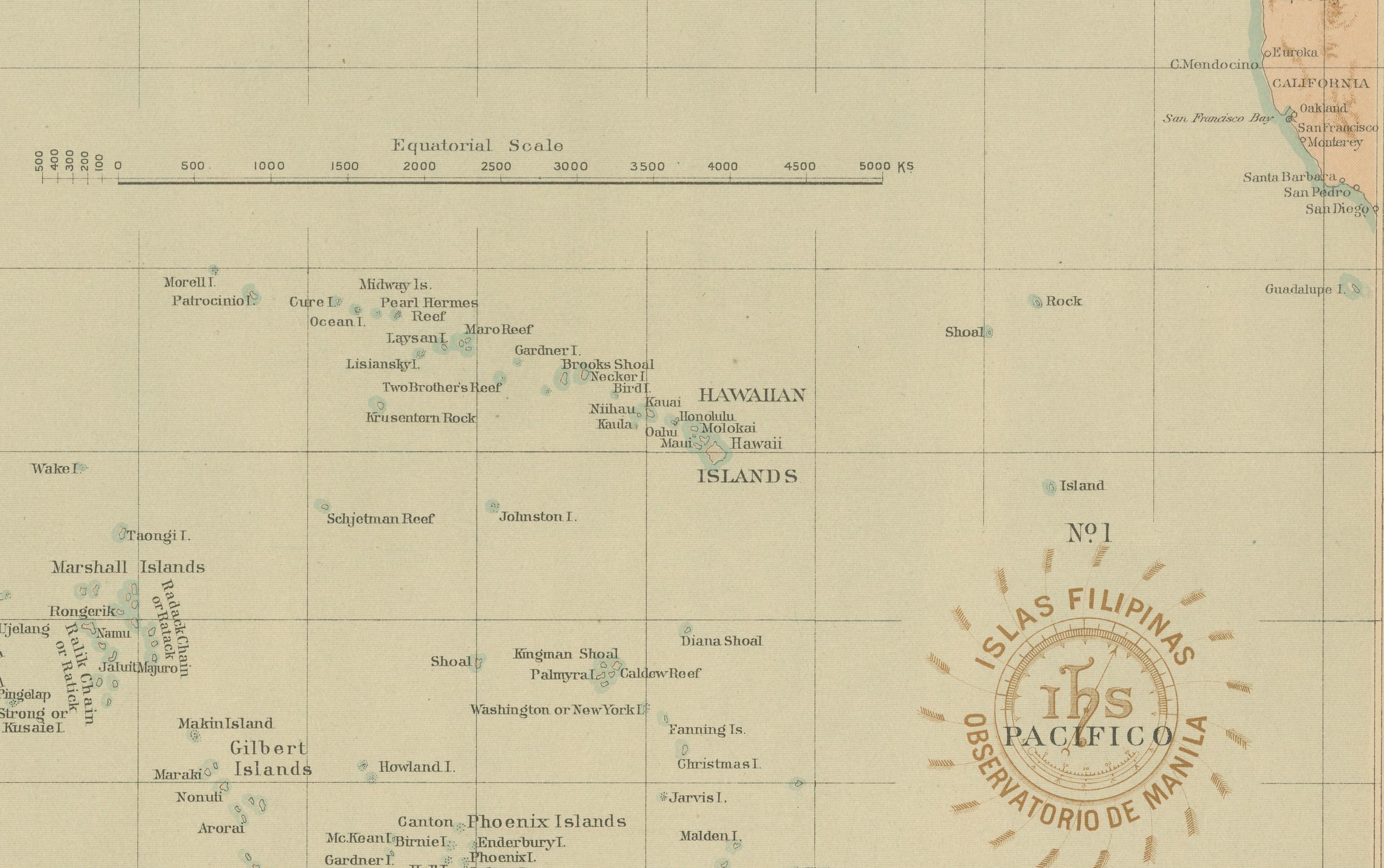 Mappa dell'Oceano Pacifico e dell'Arcipelago delle Filippine - Osservatorio di Manila, 1899 in vendita 1