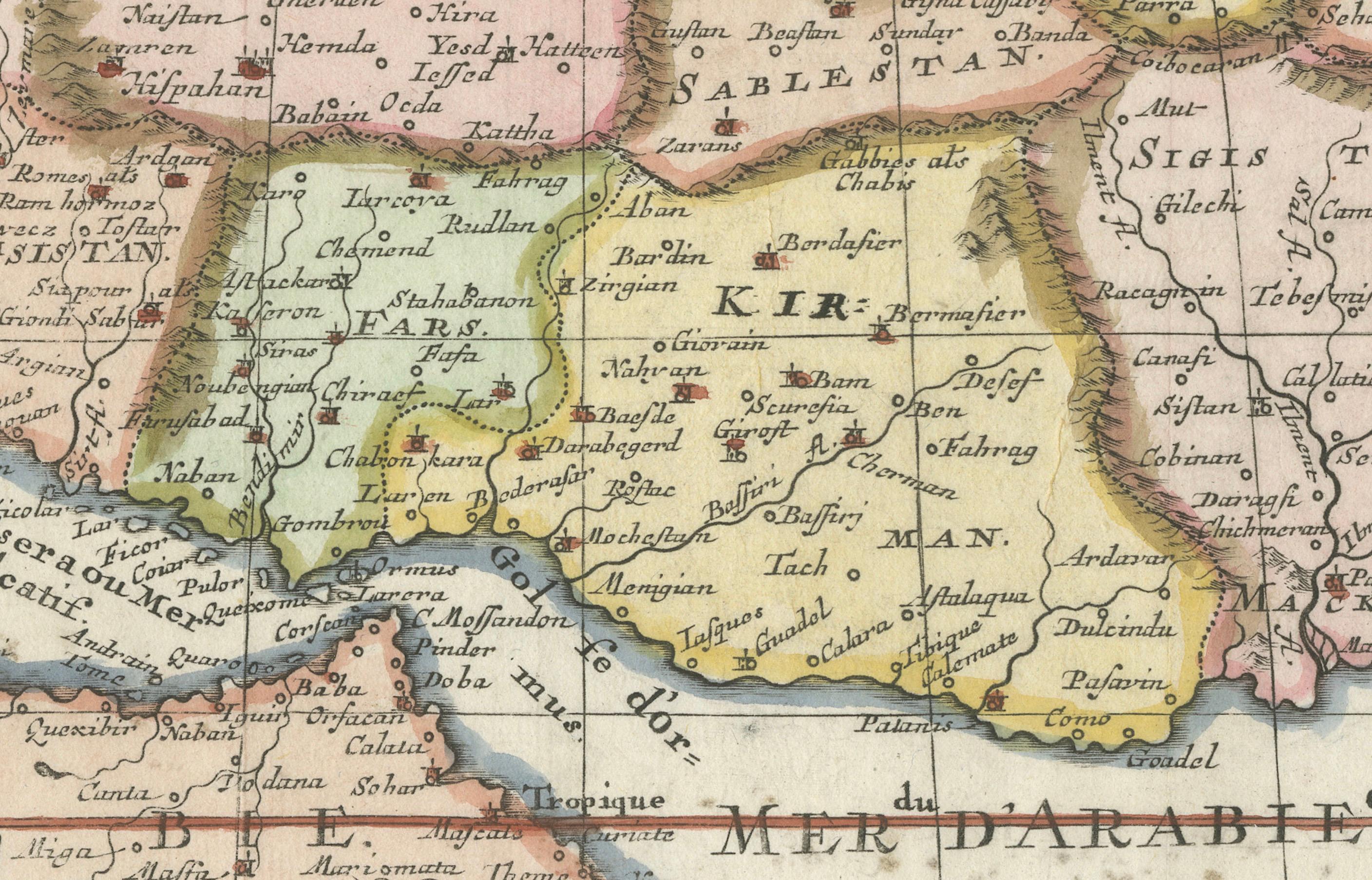 Carte de l'Empire perse par Nicolas Sanson, coloriée à la main, vers 1683

Cette carte finement détaillée et délicatement colorée à la main, intitulée *L'Empire du Sophy des Perses*, présente une vue de l'Empire perse à la fin du XVIIe siècle,