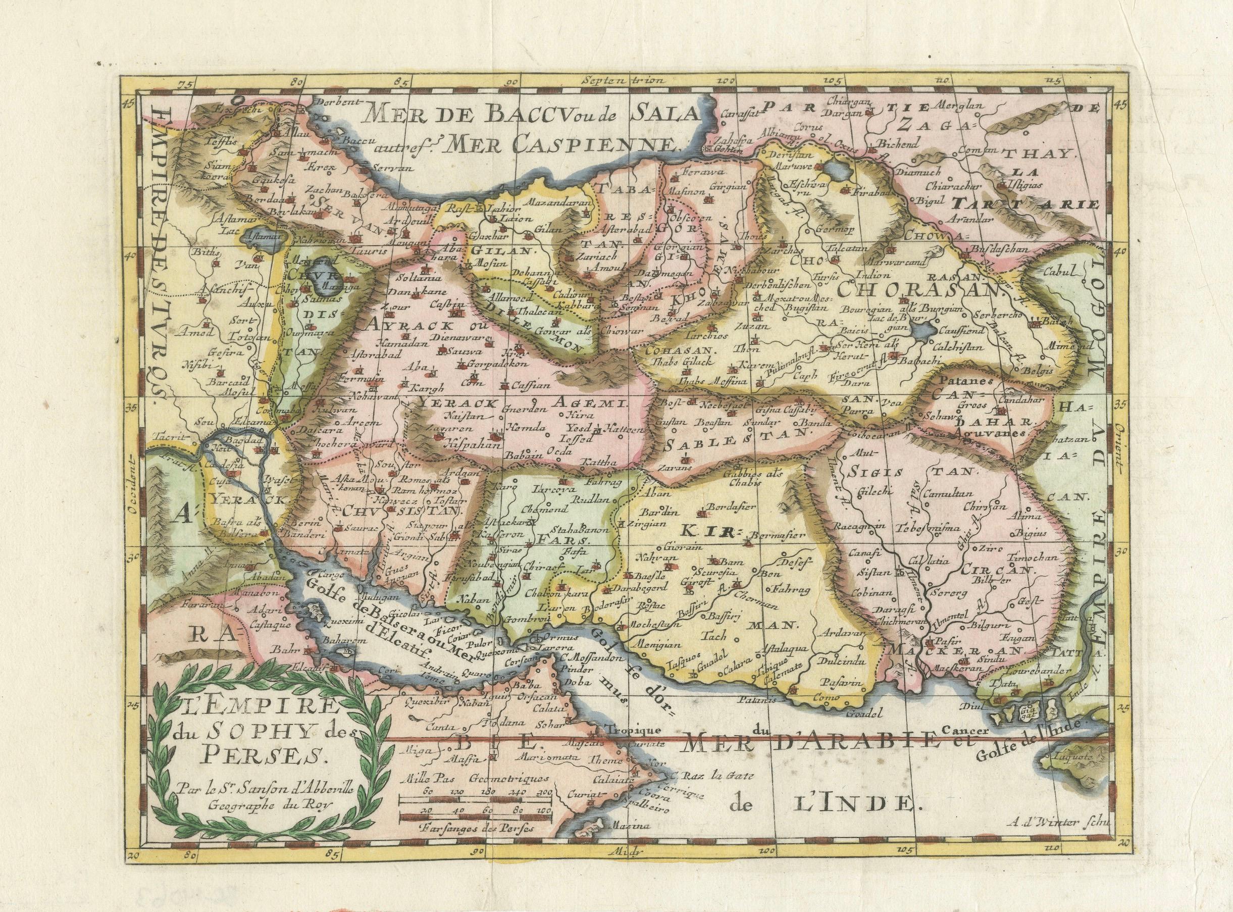 Carte de l'Empire perse par Nicolas Sanson, coloriée à la main, vers 1683 en vente 2