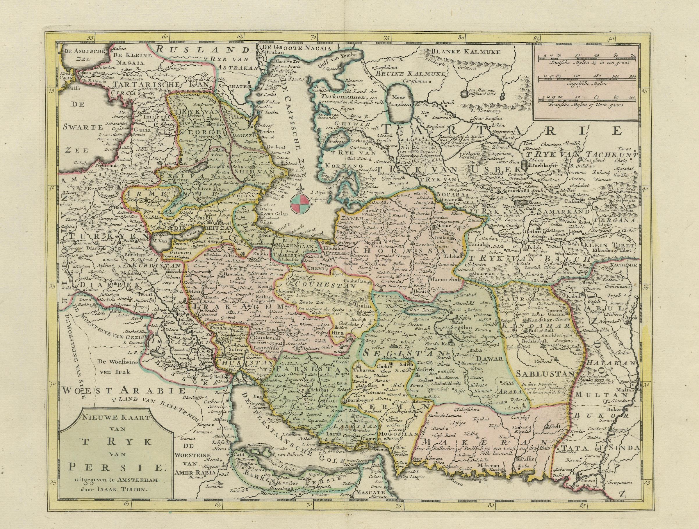 Map of the Persian Empire circa 1750 by Tirion – Hand-Colored Dutch Map For Sale 3