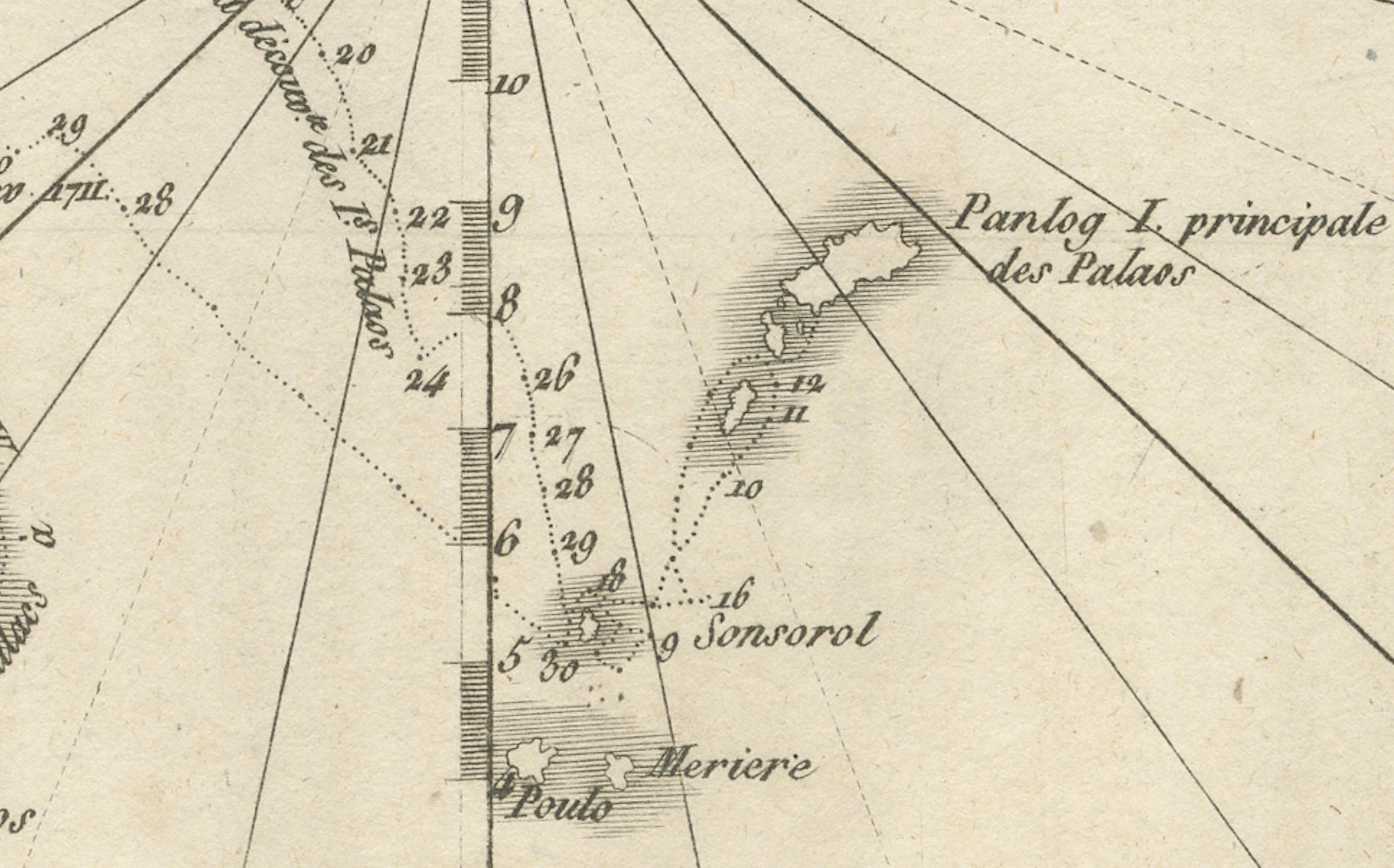 Mappa delle Filippine e delle Isole Palau - Incisione francese antica, 1790 ca. In condizioni buone in vendita a Langweer, NL