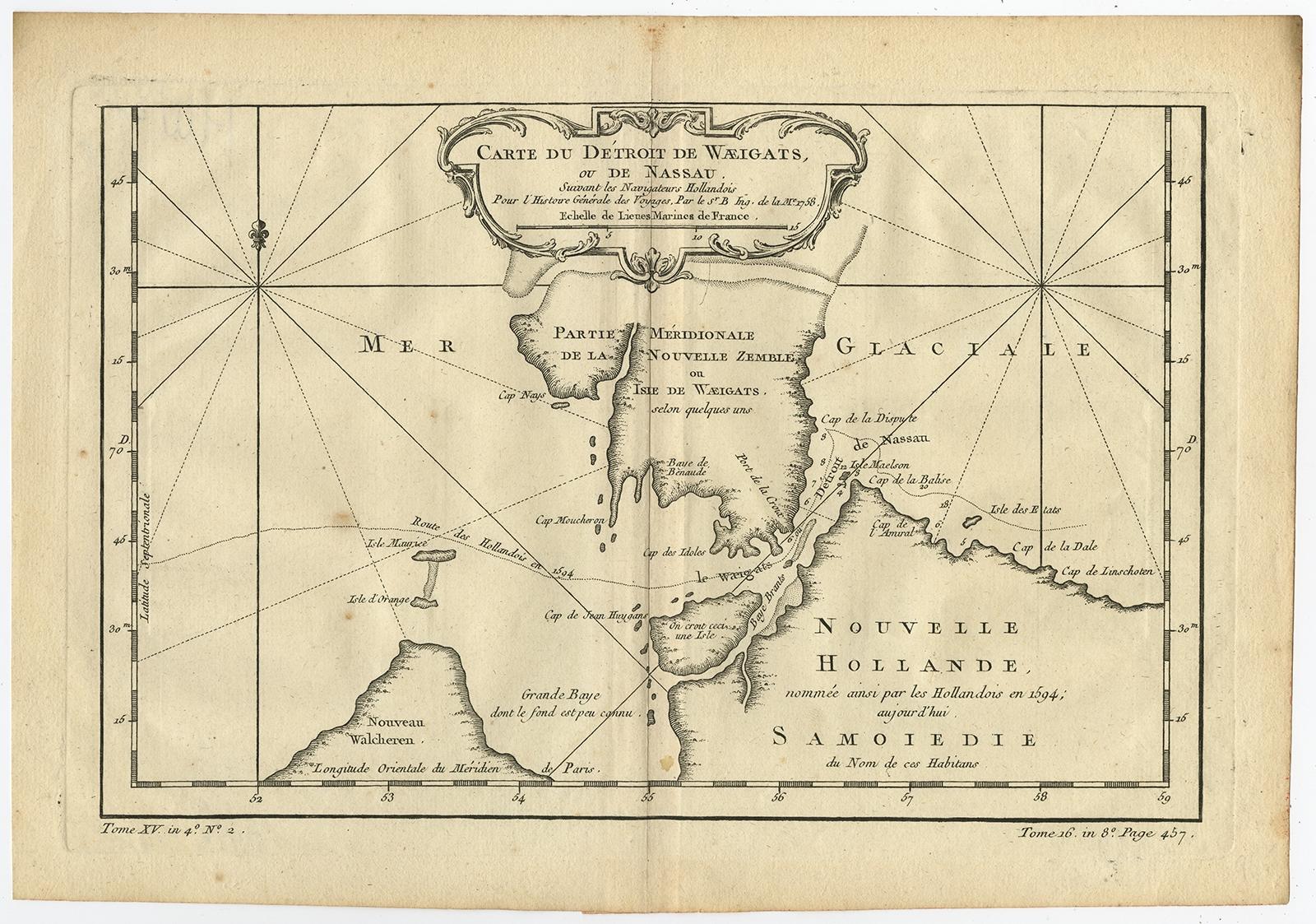 Antique map titled 'Carte du detroit de Waeigats ou de Nassau.' 

Map of the Russian islands of Novaya Zemlya (Nova Zembla) and Pechorskaya Guba, here Nouvelle Zemble and Grande Baye. The detailed chart shows the lower part of the island and