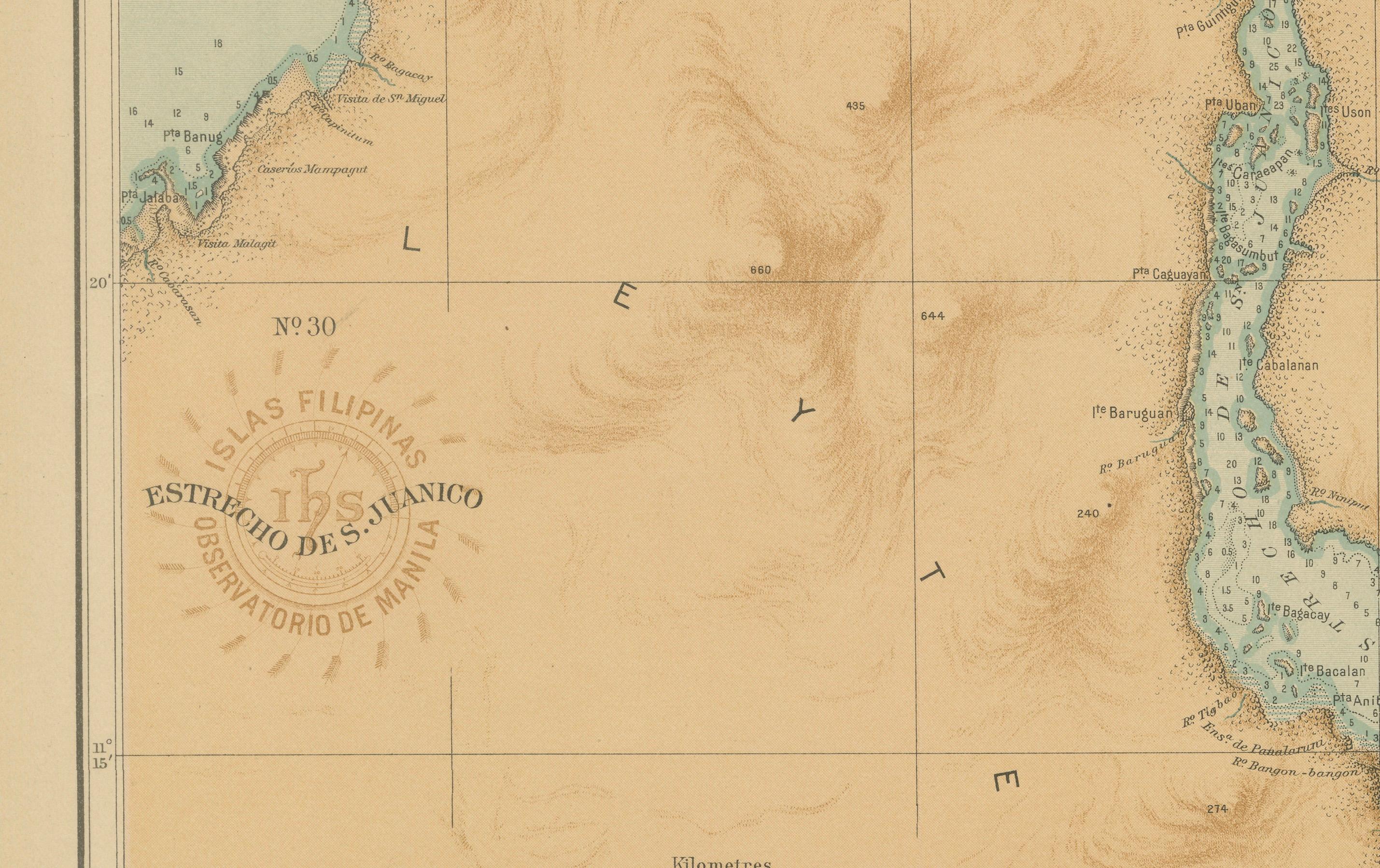 Mappa dello stretto di San Juanico tra Leyte e Samar - Observatorio de Manila, 1899

Questa cromolitografia originale intitolata 
