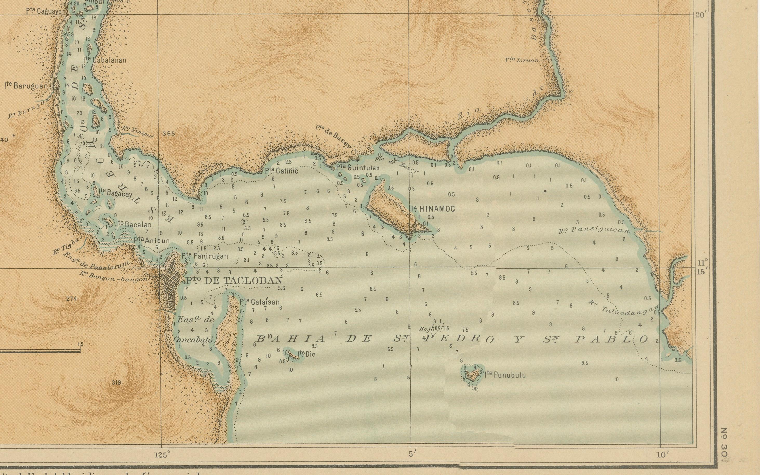 Mappa dello stretto di San Juanico tra Leyte e Samar - 1899 In condizioni buone in vendita a Langweer, NL