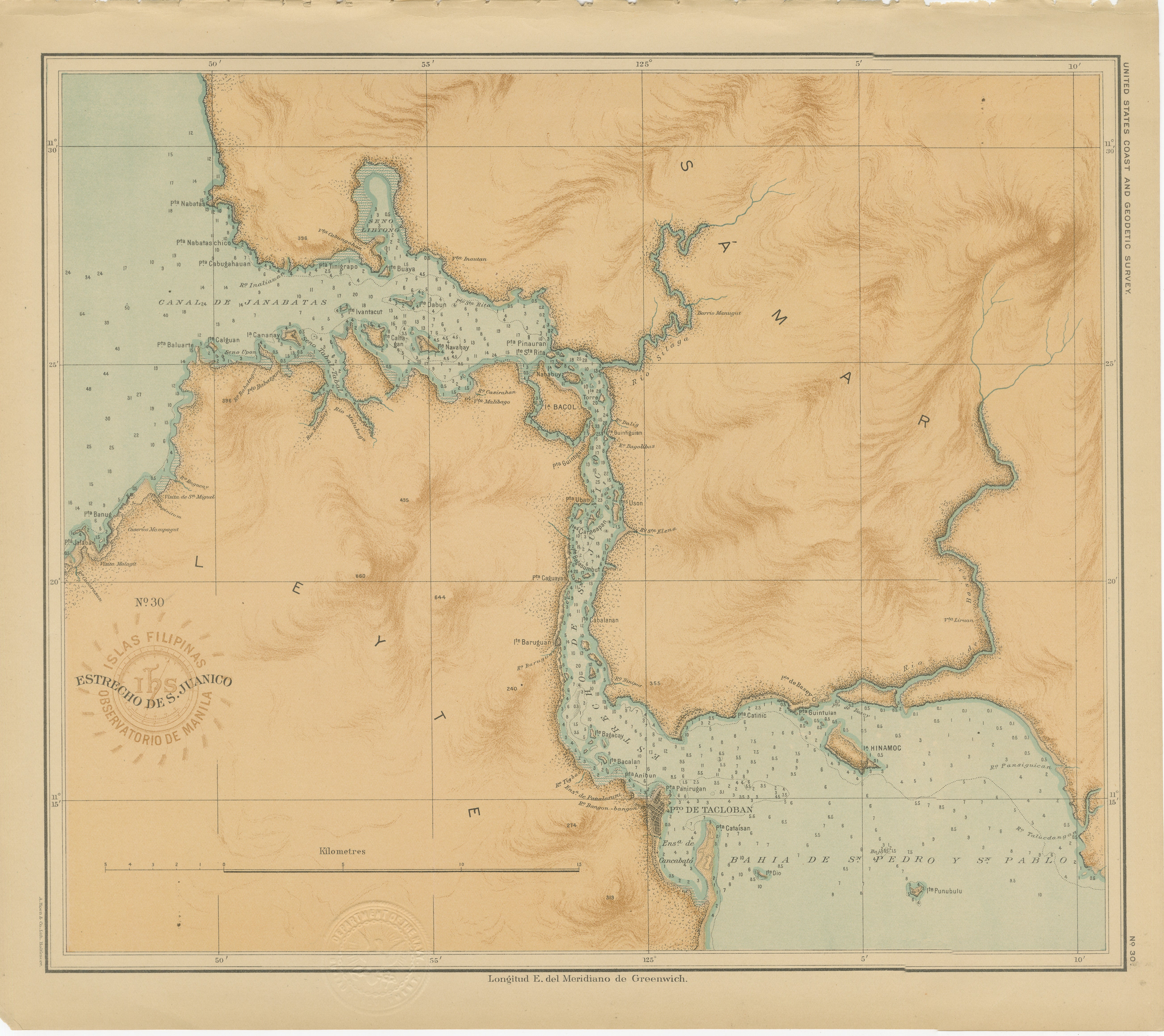 Mappa dello stretto di San Juanico tra Leyte e Samar - 1899 in vendita